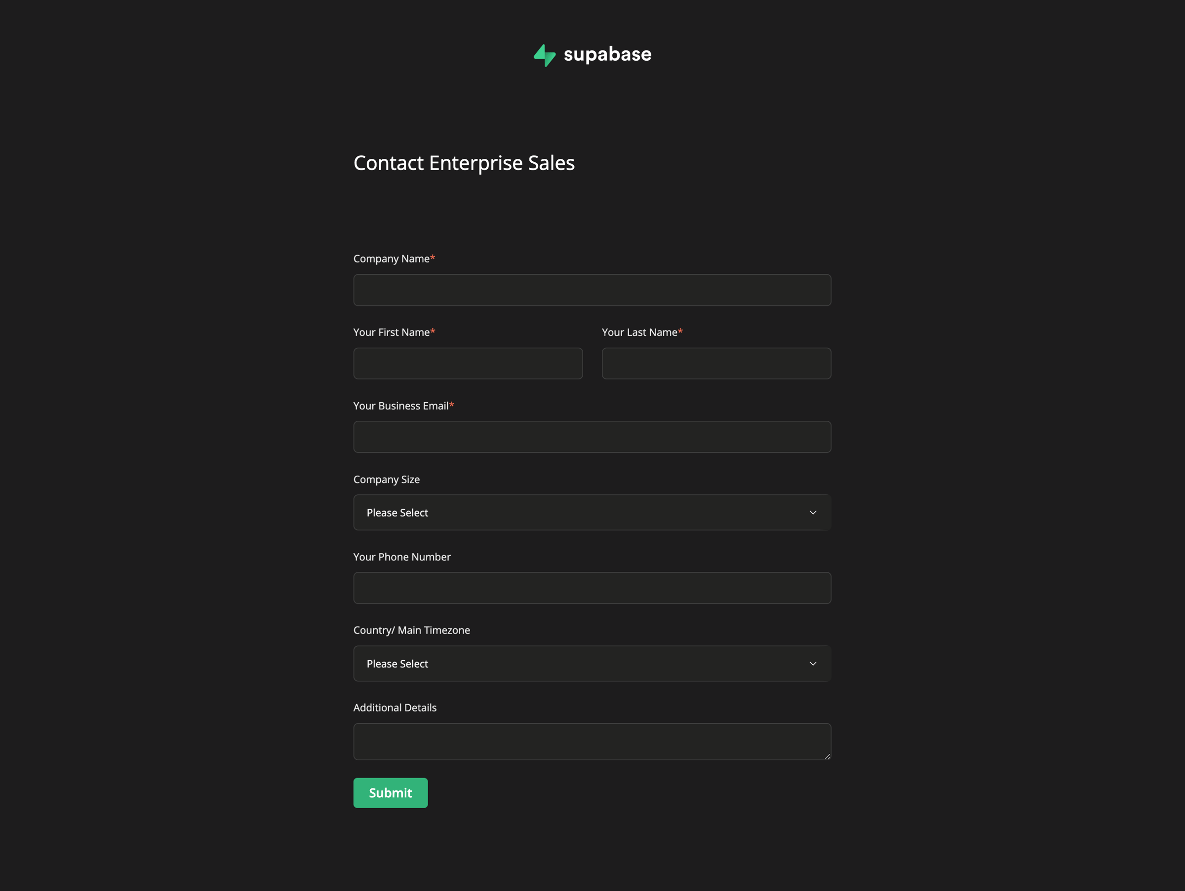 Supabase - Enterprise Contact Form screen