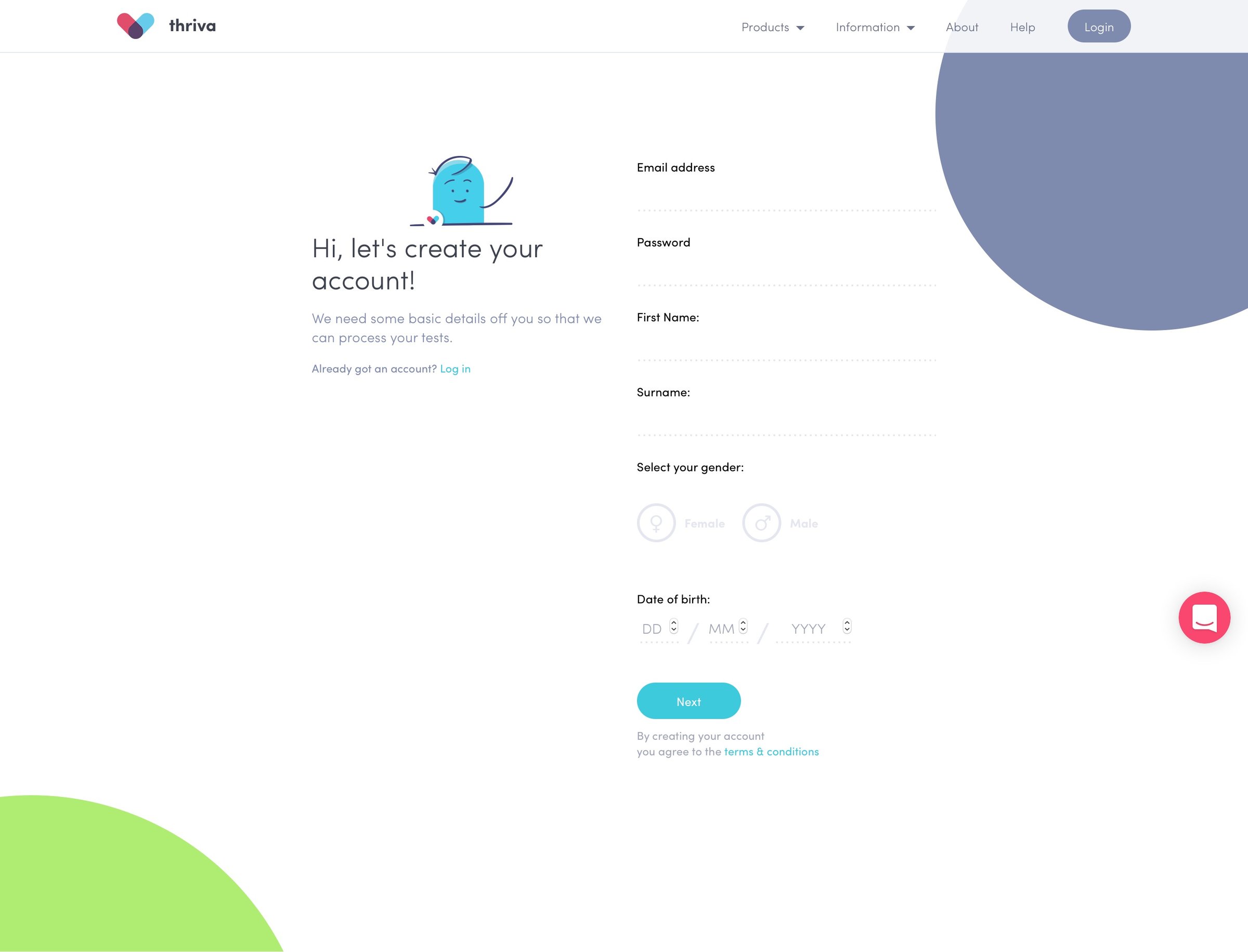 Thriva - Sign up screen