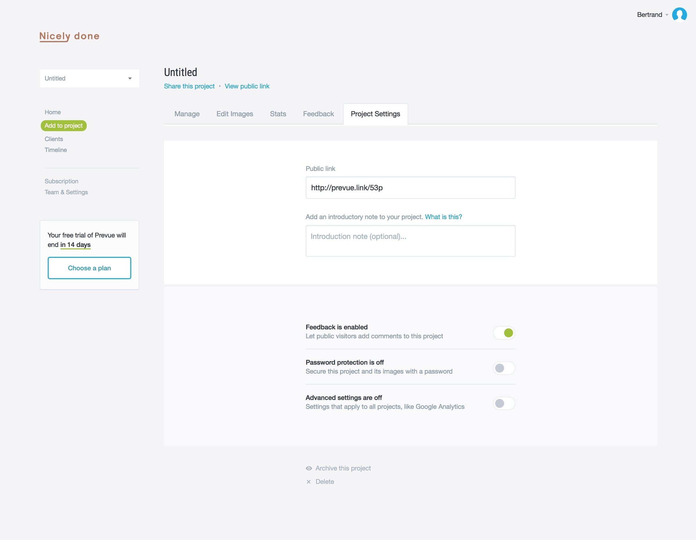 Settings from Prevue