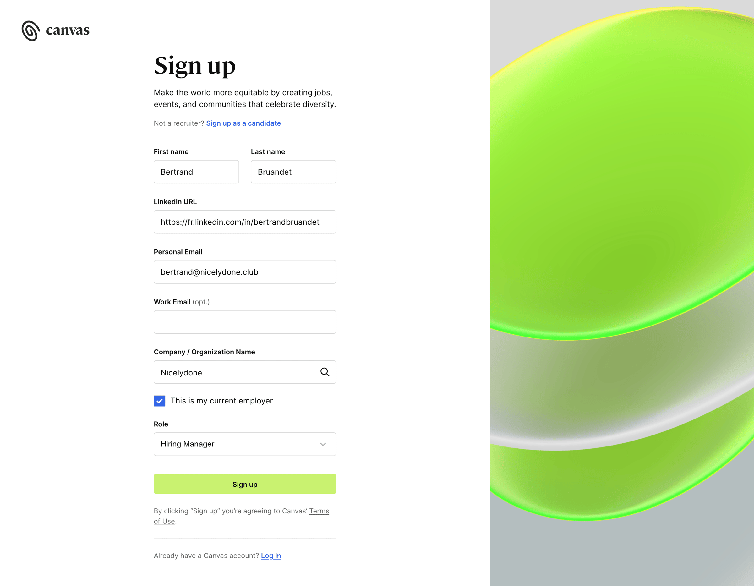 Untapped - Sign Up | Diversity hiring tool Canvas screen