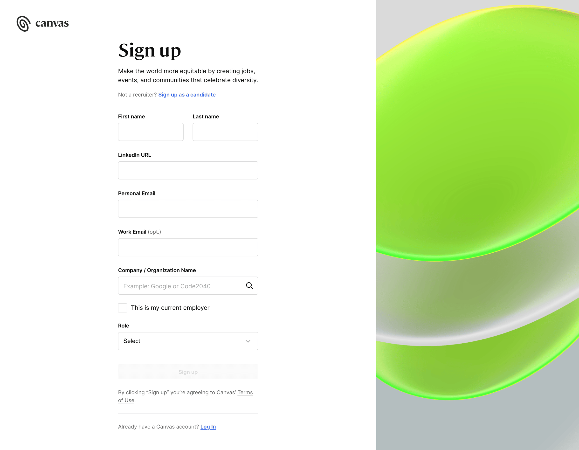 Untapped - Sign Up | Diversity hiring tool Canvas screen