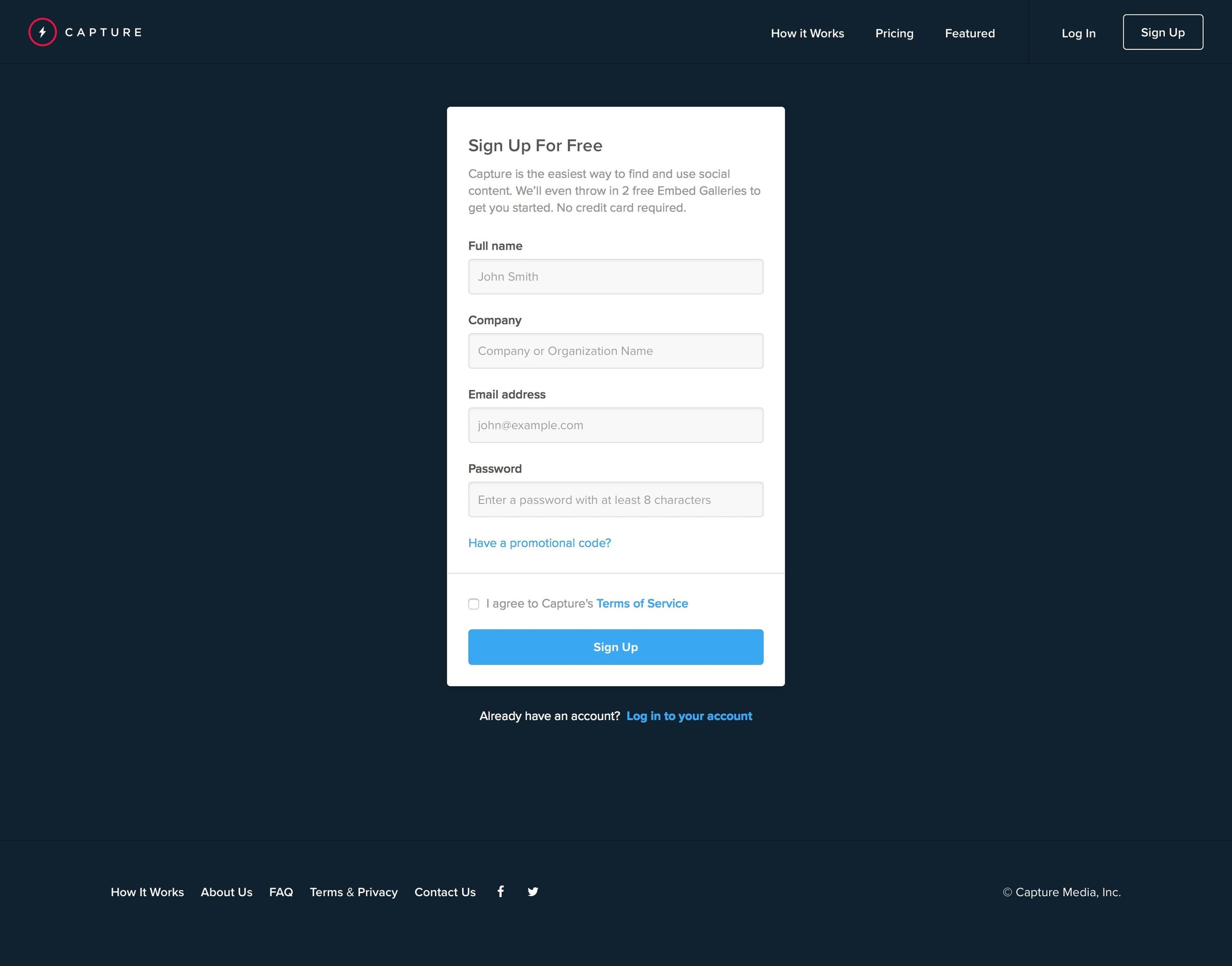 Capture - Sign up screen