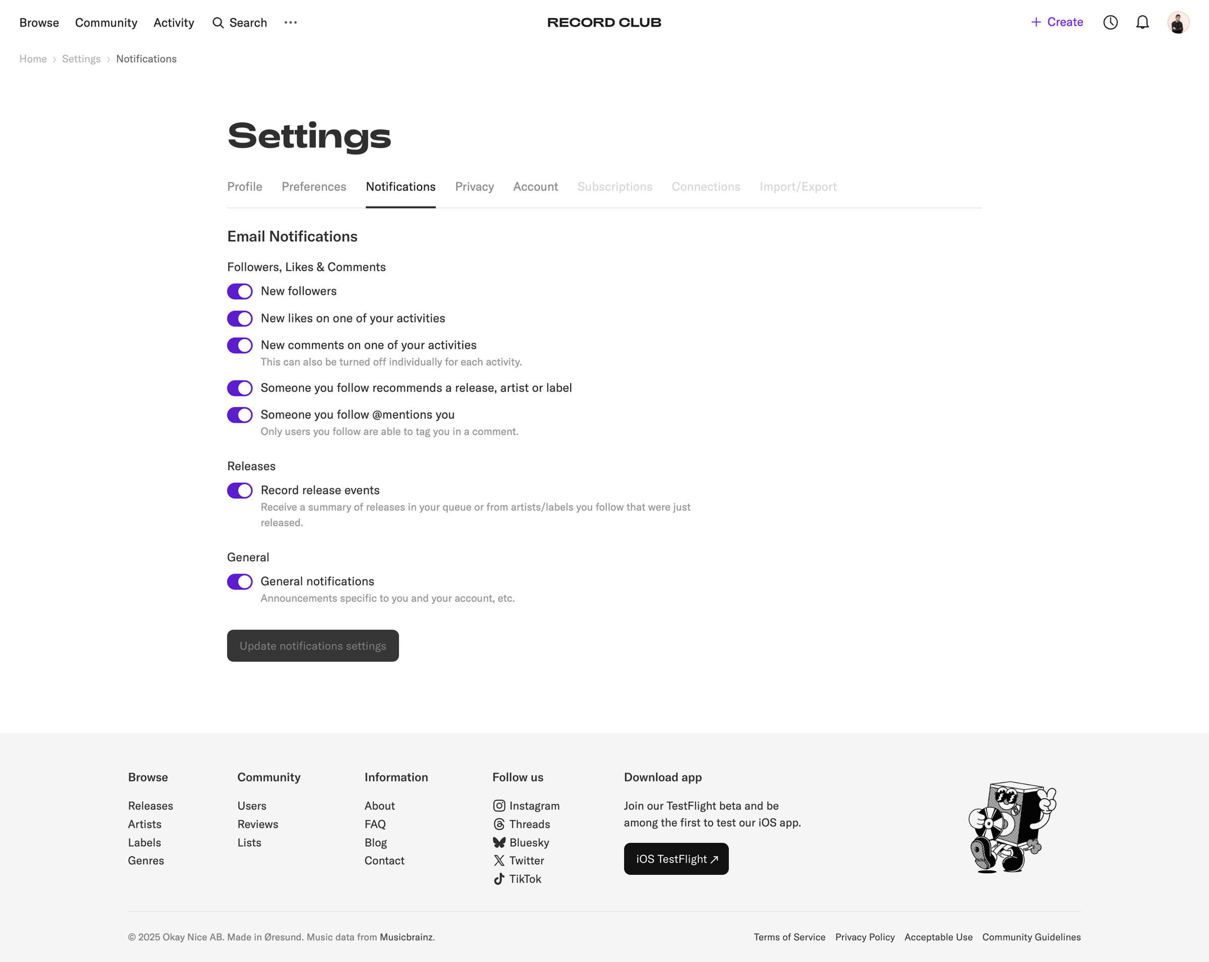 Record club - Settings – Record Club screen