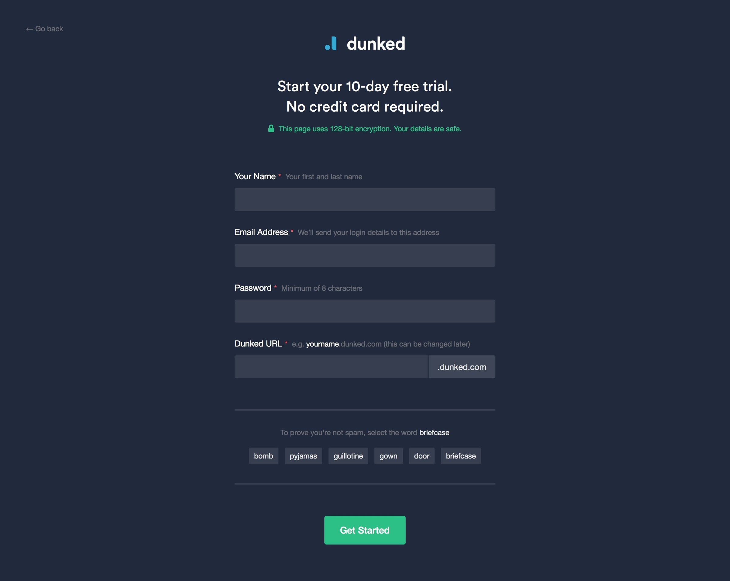 Dunked - Sign up screen
