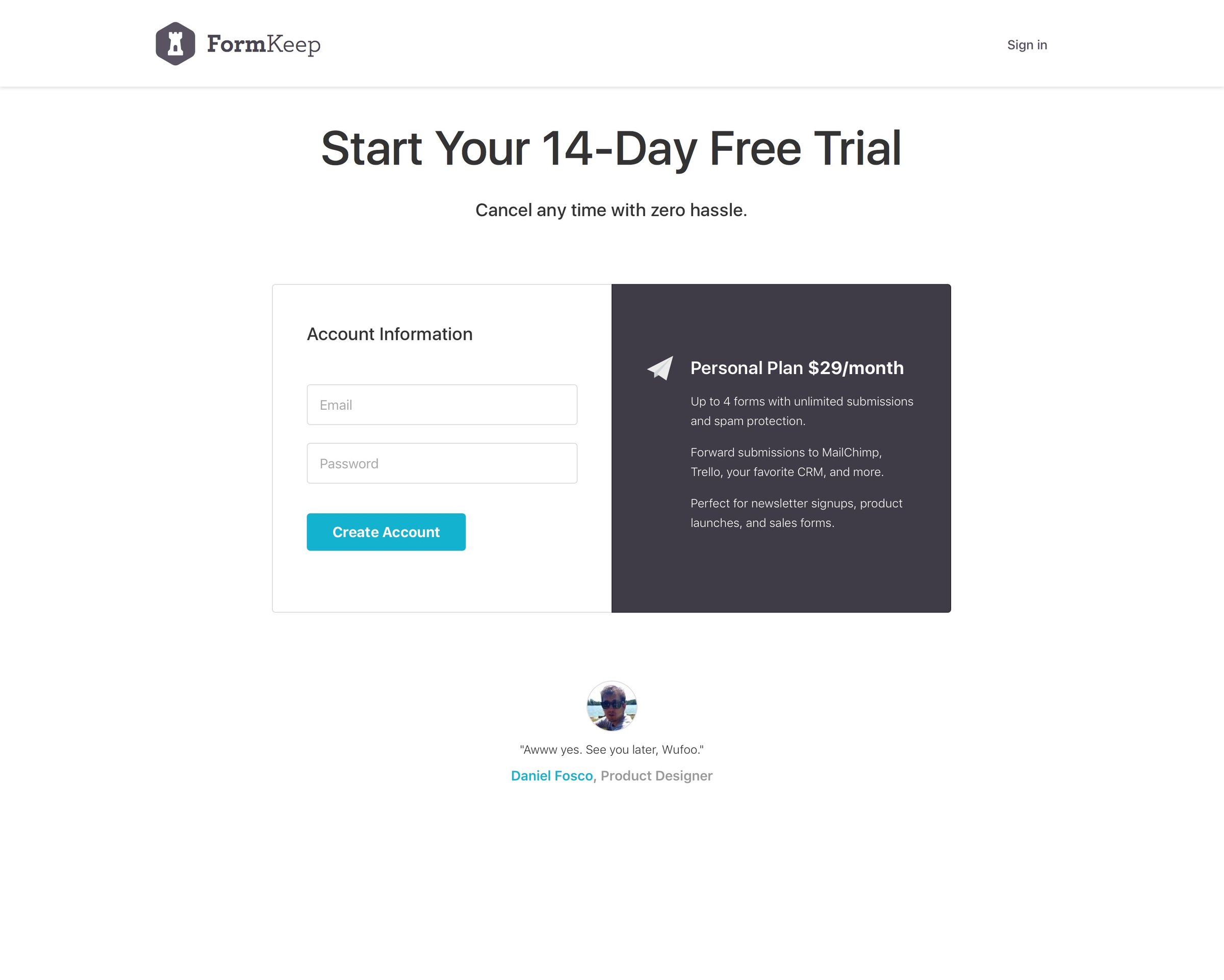 Formkeep - Sign up screen