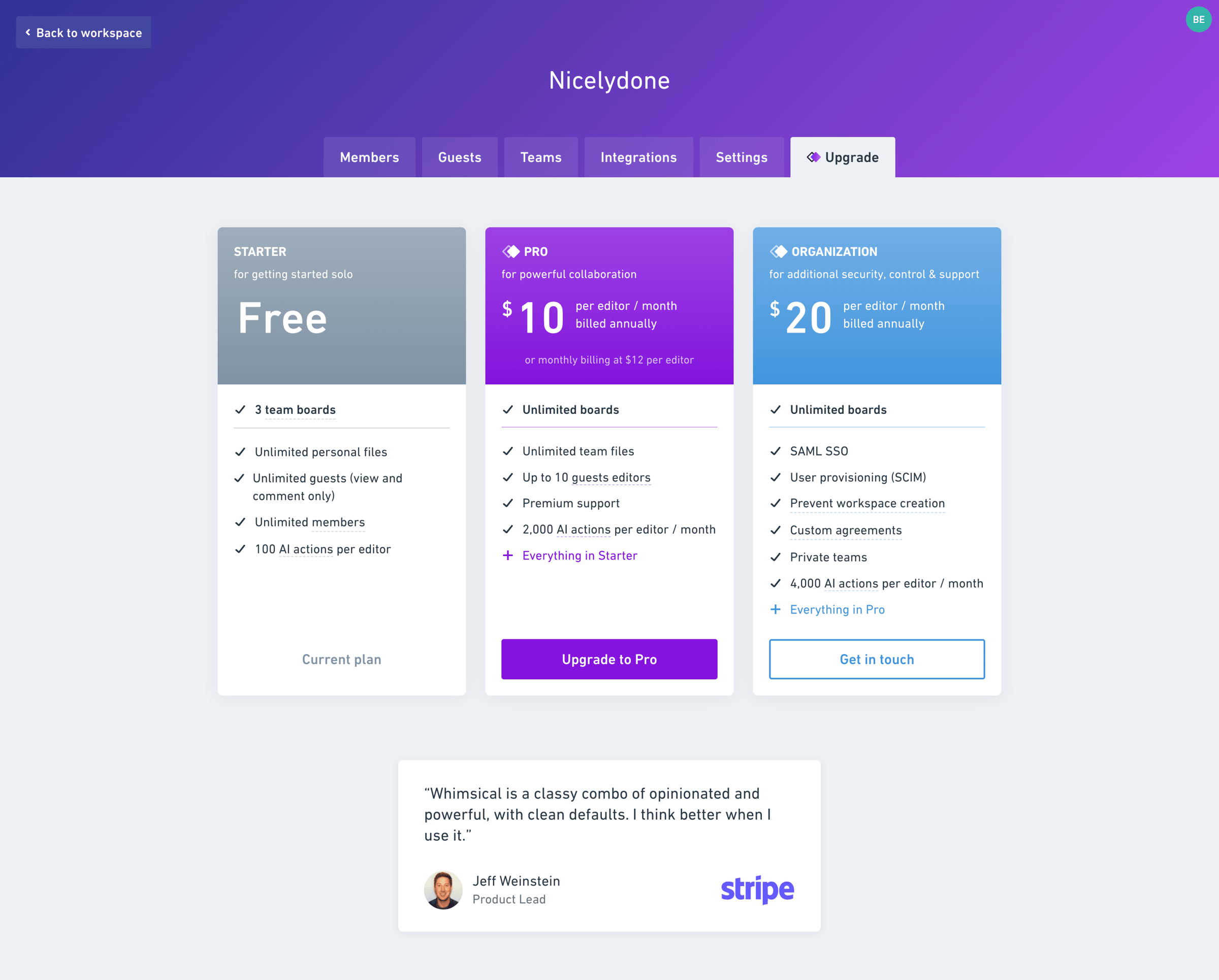 Whimsical - Upgrade workspace screen