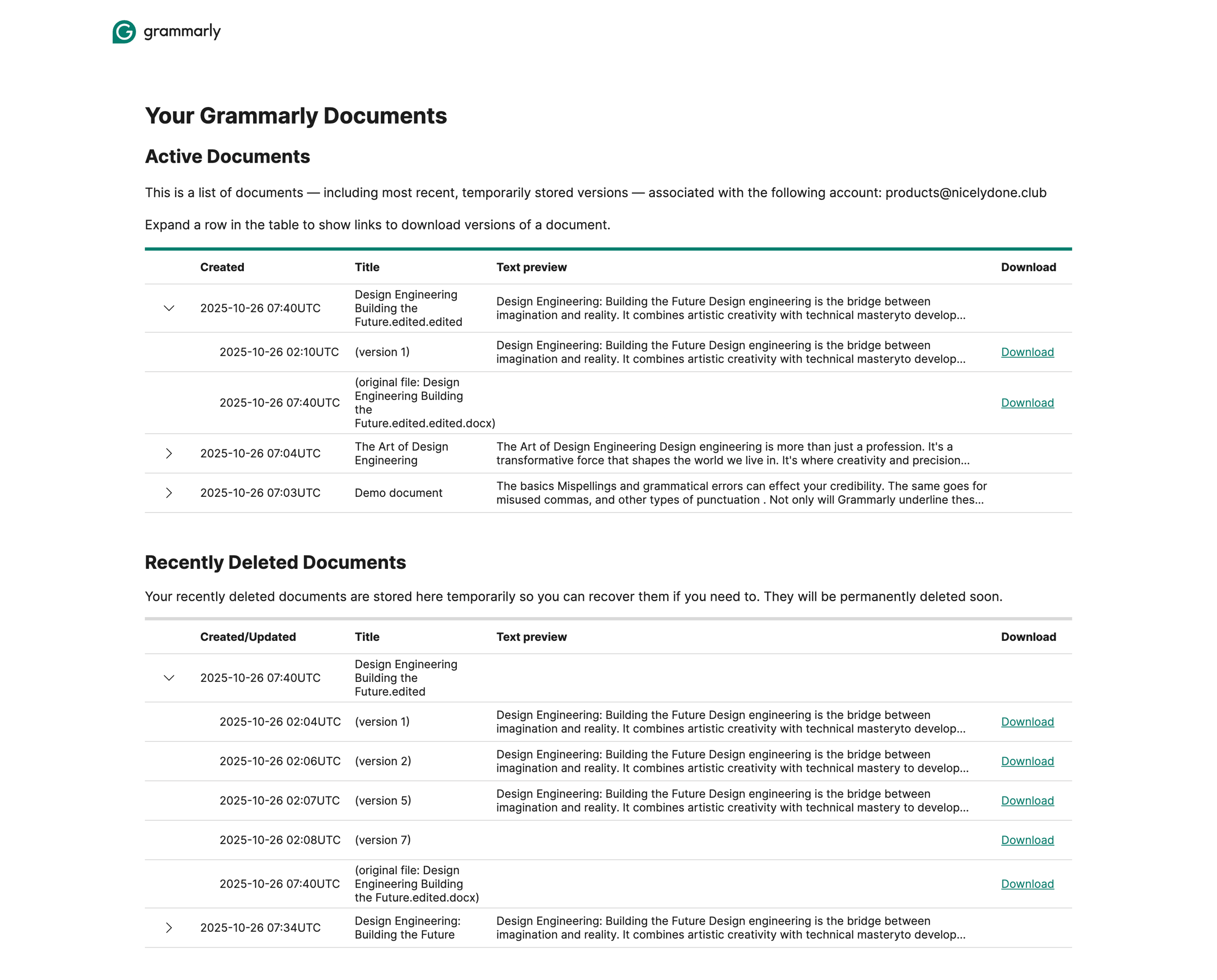Grammarly - Your Grammarly Documents screen