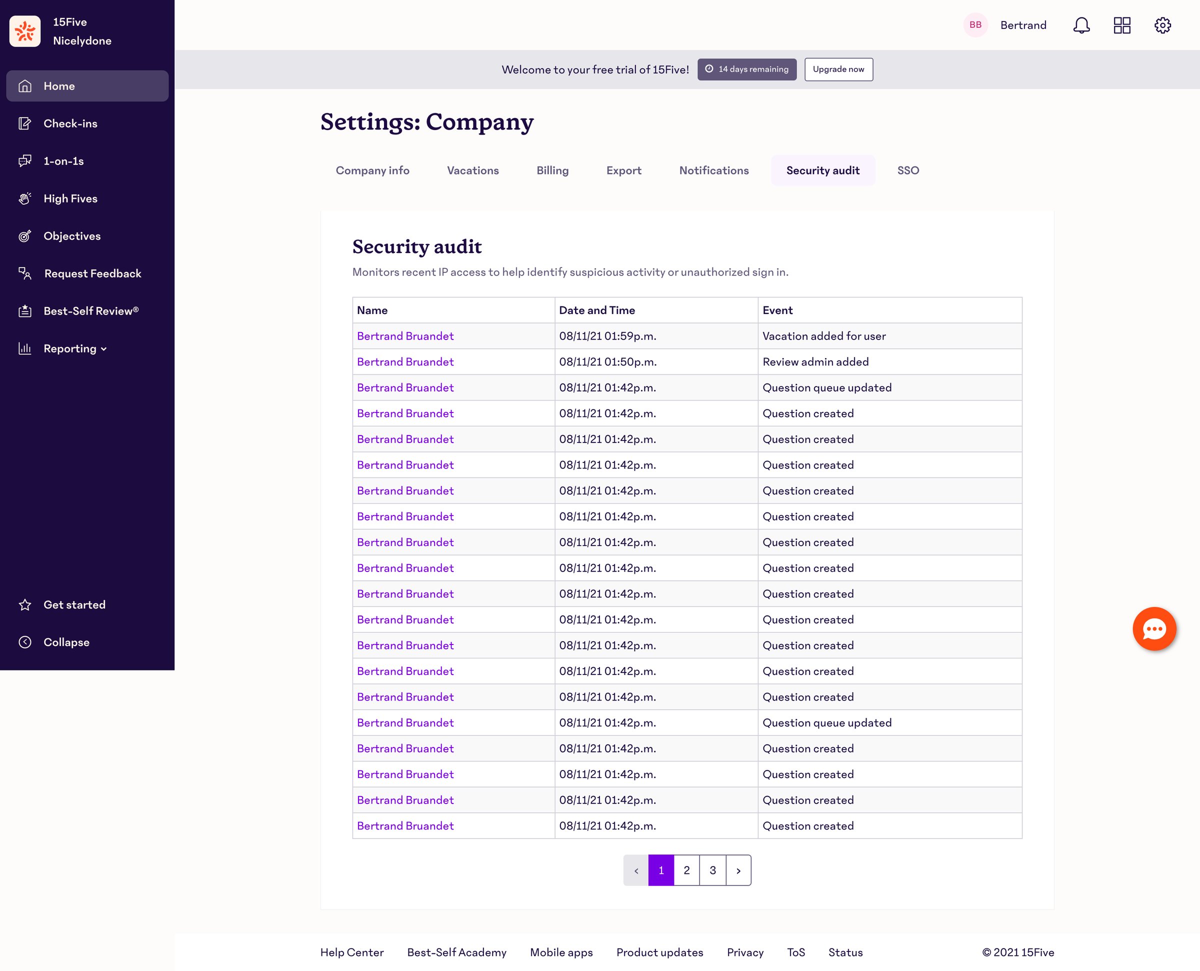 15Five - Security audit · Company · 15Five screen