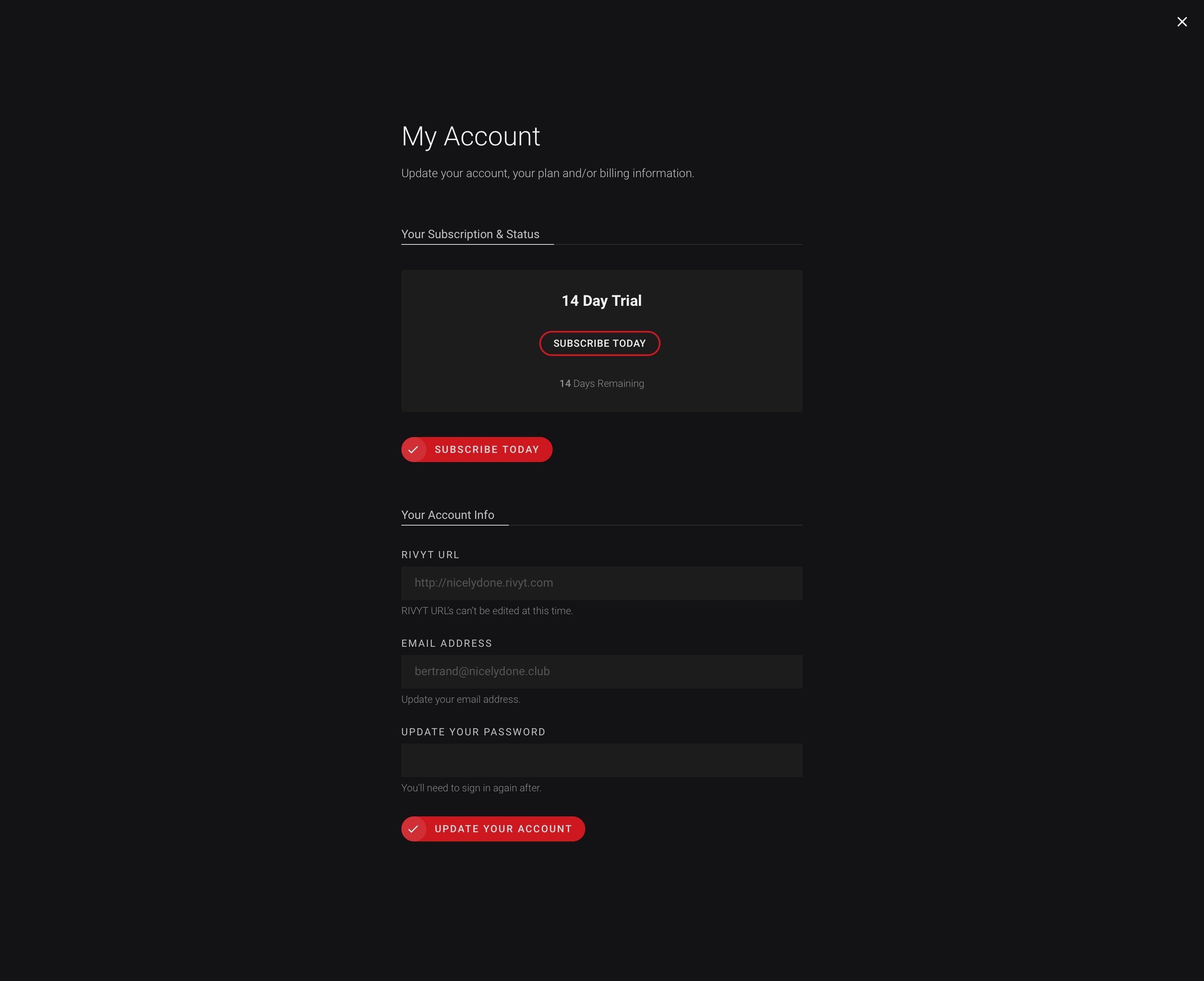 Rivyt - Account settings screen