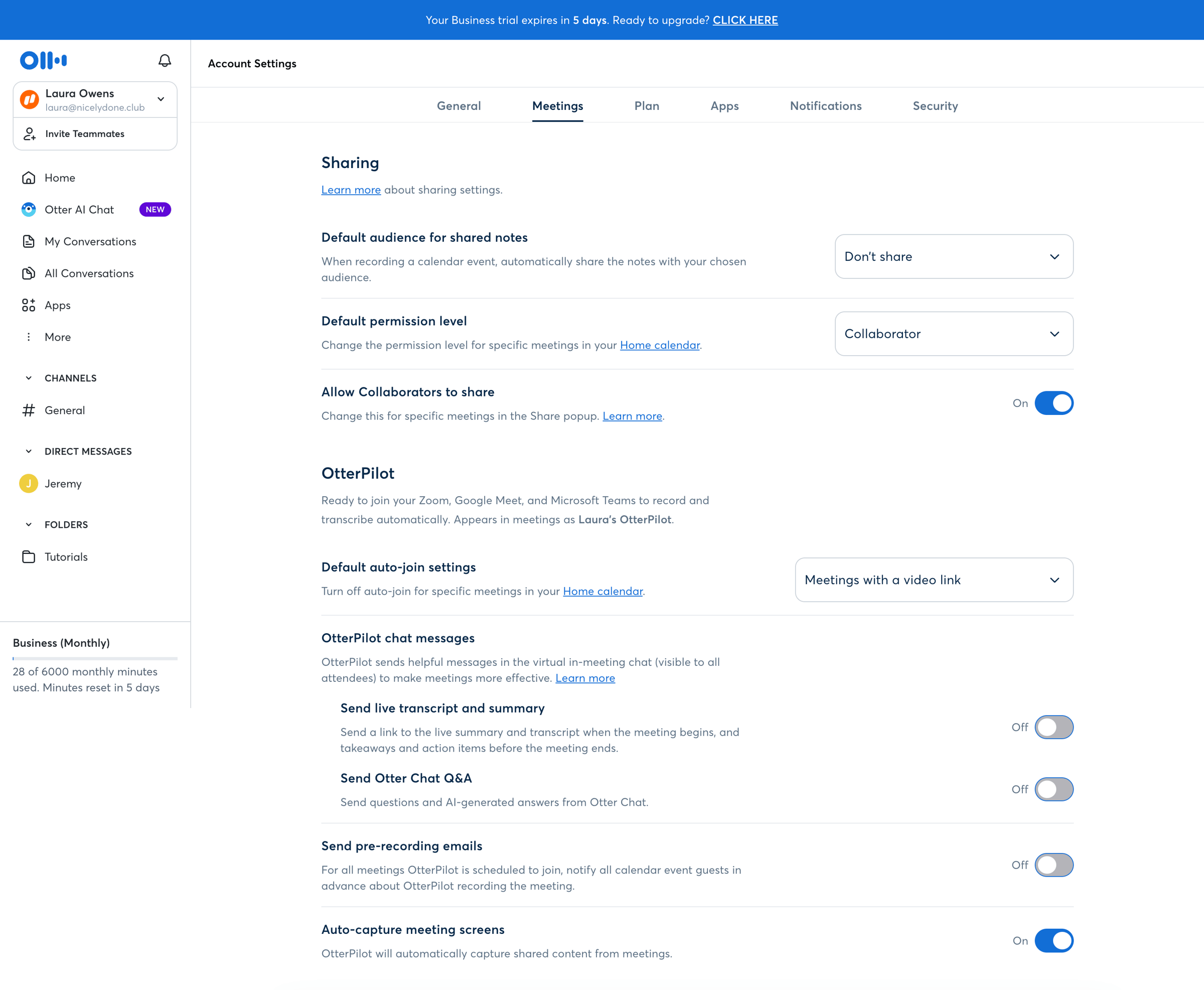 Otter - Account Settings - Otter.ai screen