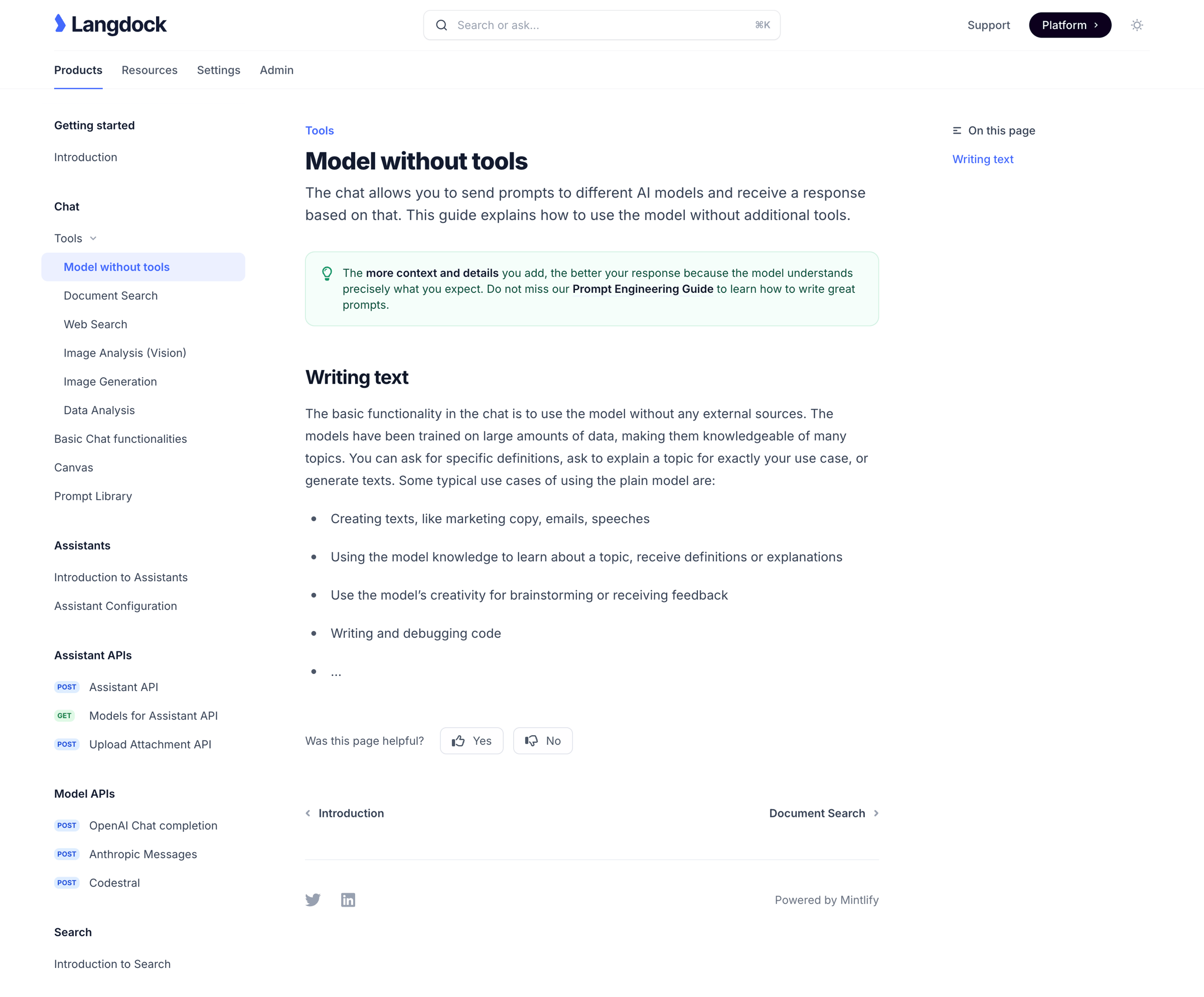 Langdock - Model without tools - Documentation screen