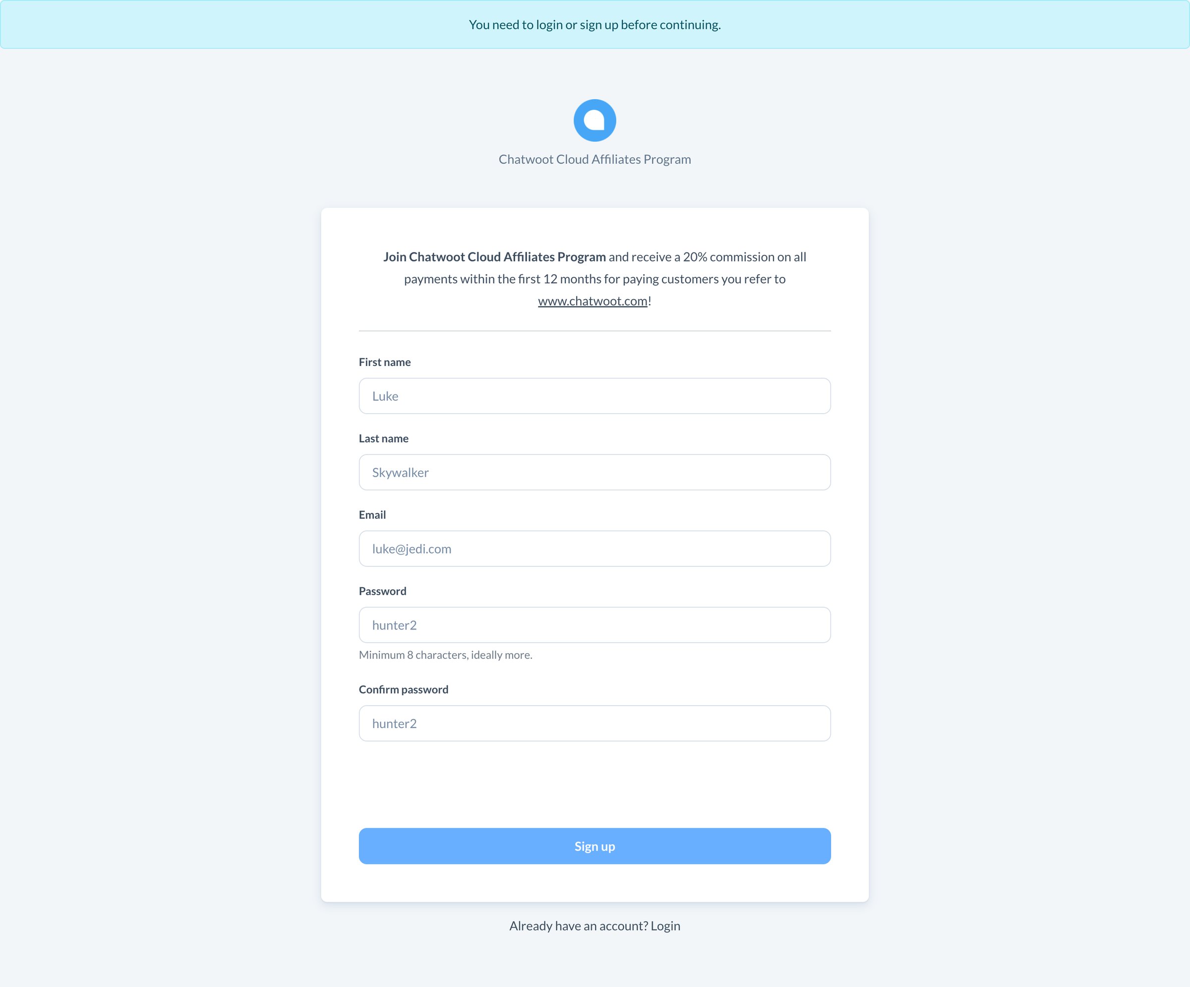 Chatwoot - Chatwoot Inc Sign up screen