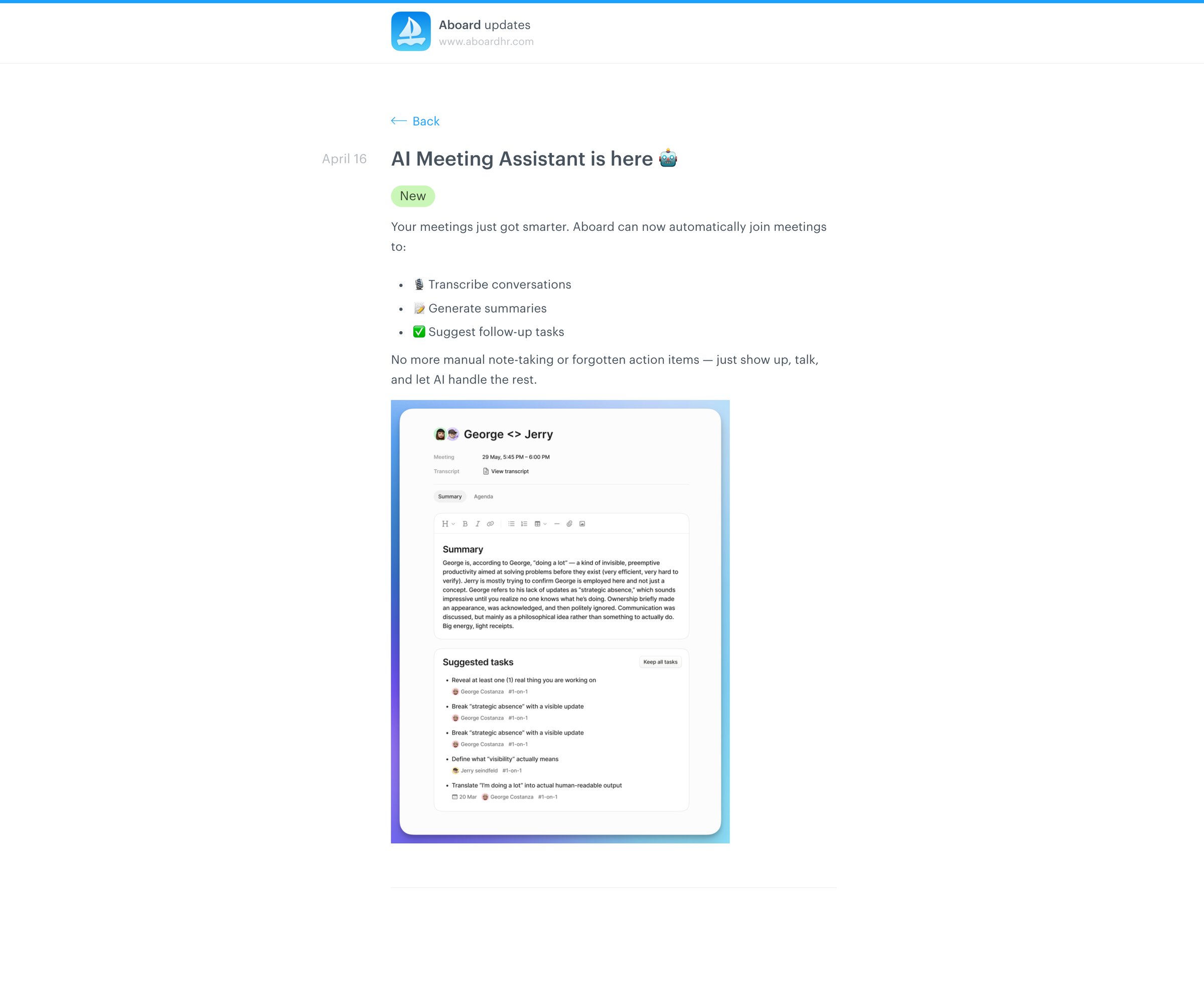 Aboard - AI Meeting Assistant is here - Aboard updates screen