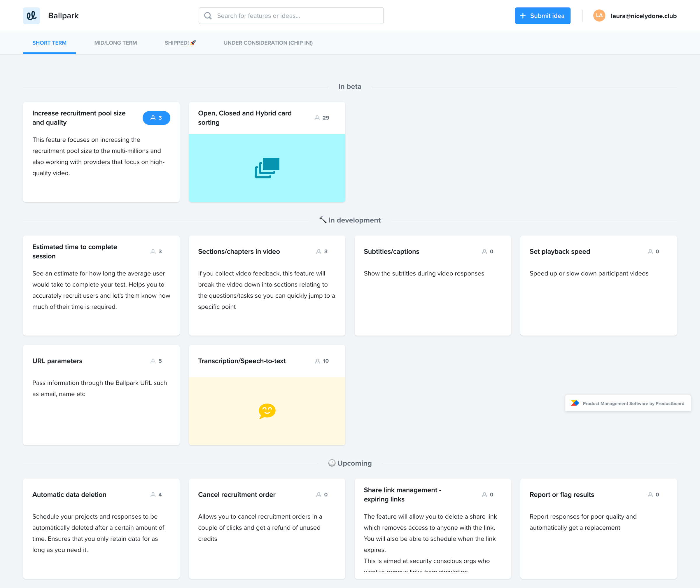 Ballpark - Short term - Ballpark | Product Roadmap screen