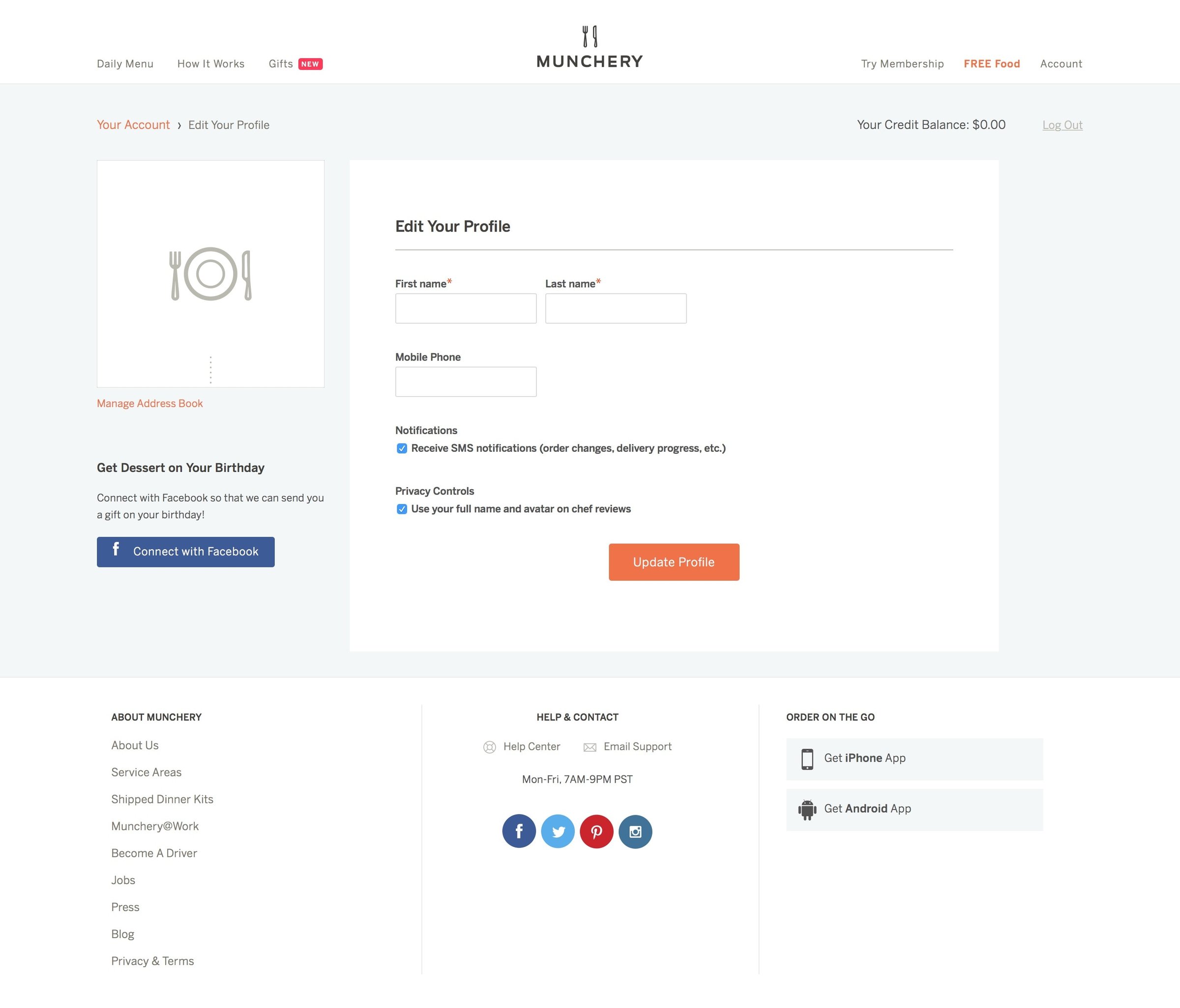 Munchery - Settings screen