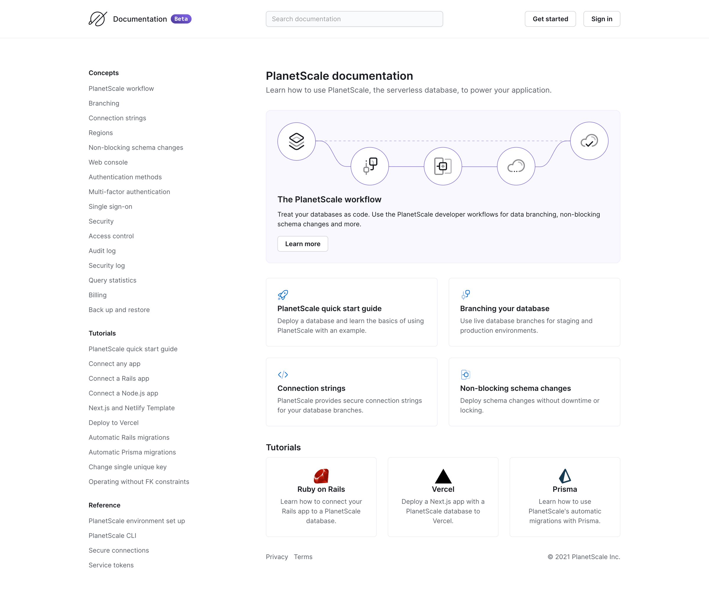 PlanetScale - Overview - Documentation - PlanetScale screen