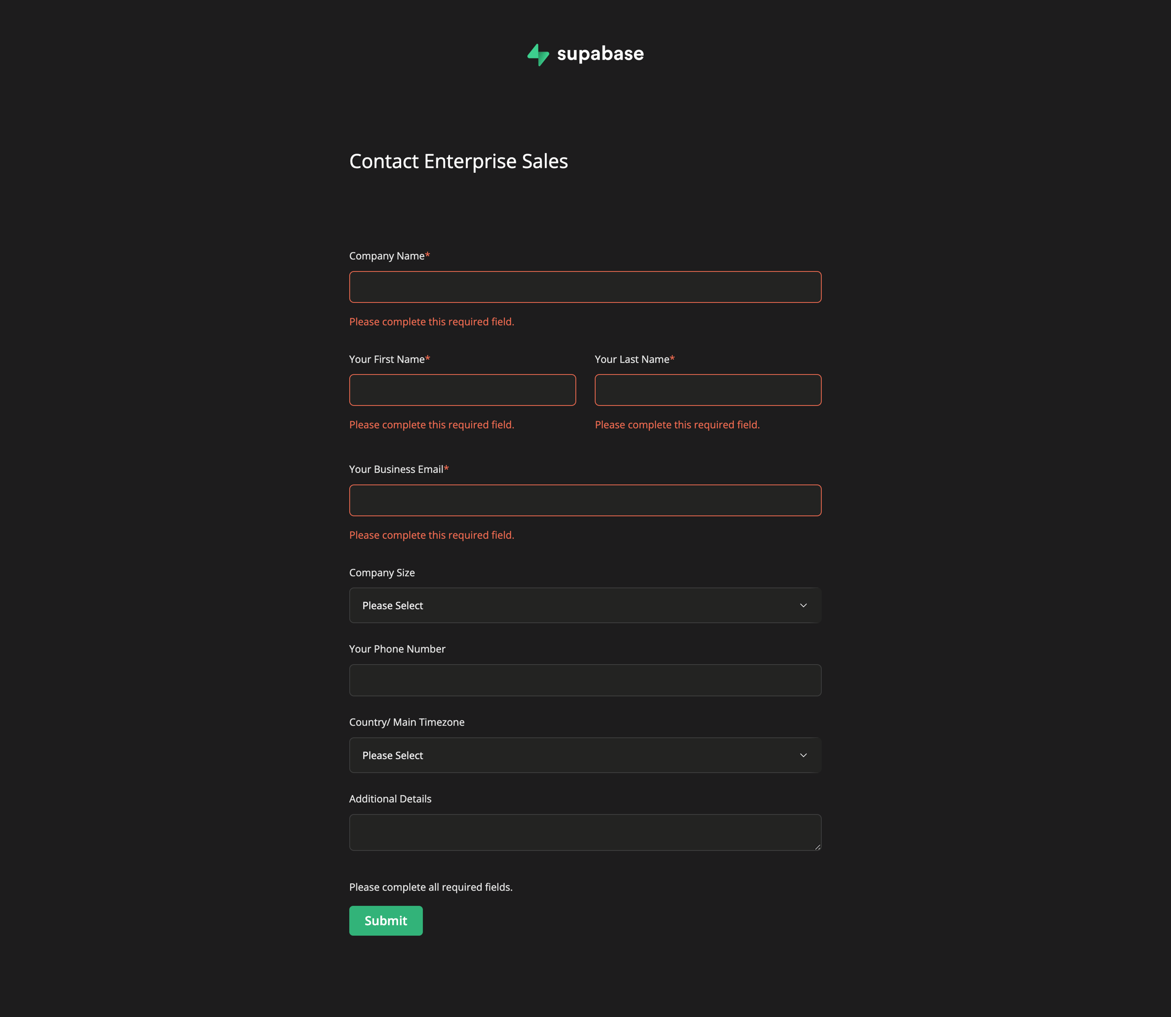 Supabase - Enterprise Contact Form screen