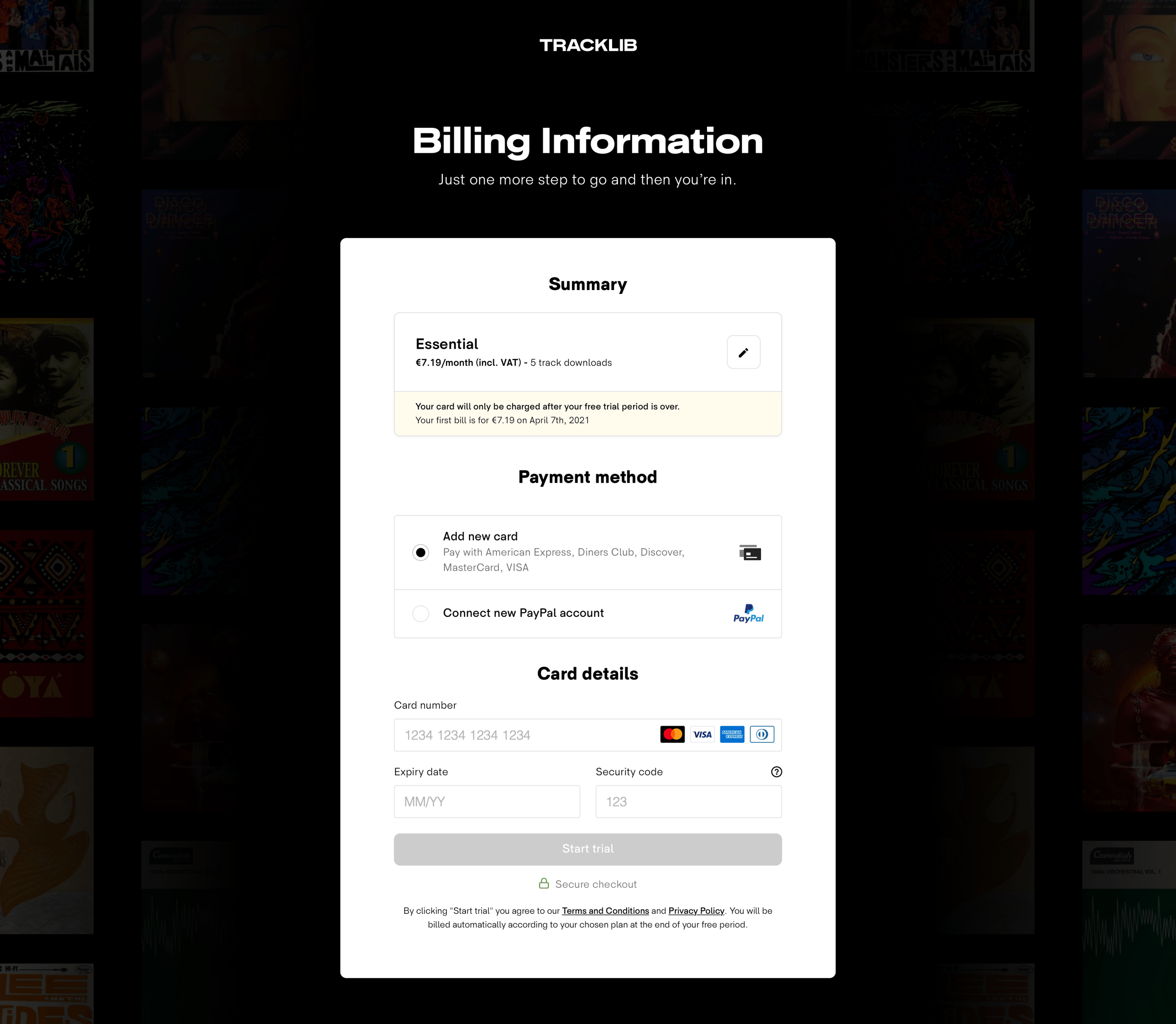 Tracklib - Billing Information | Tracklib screen