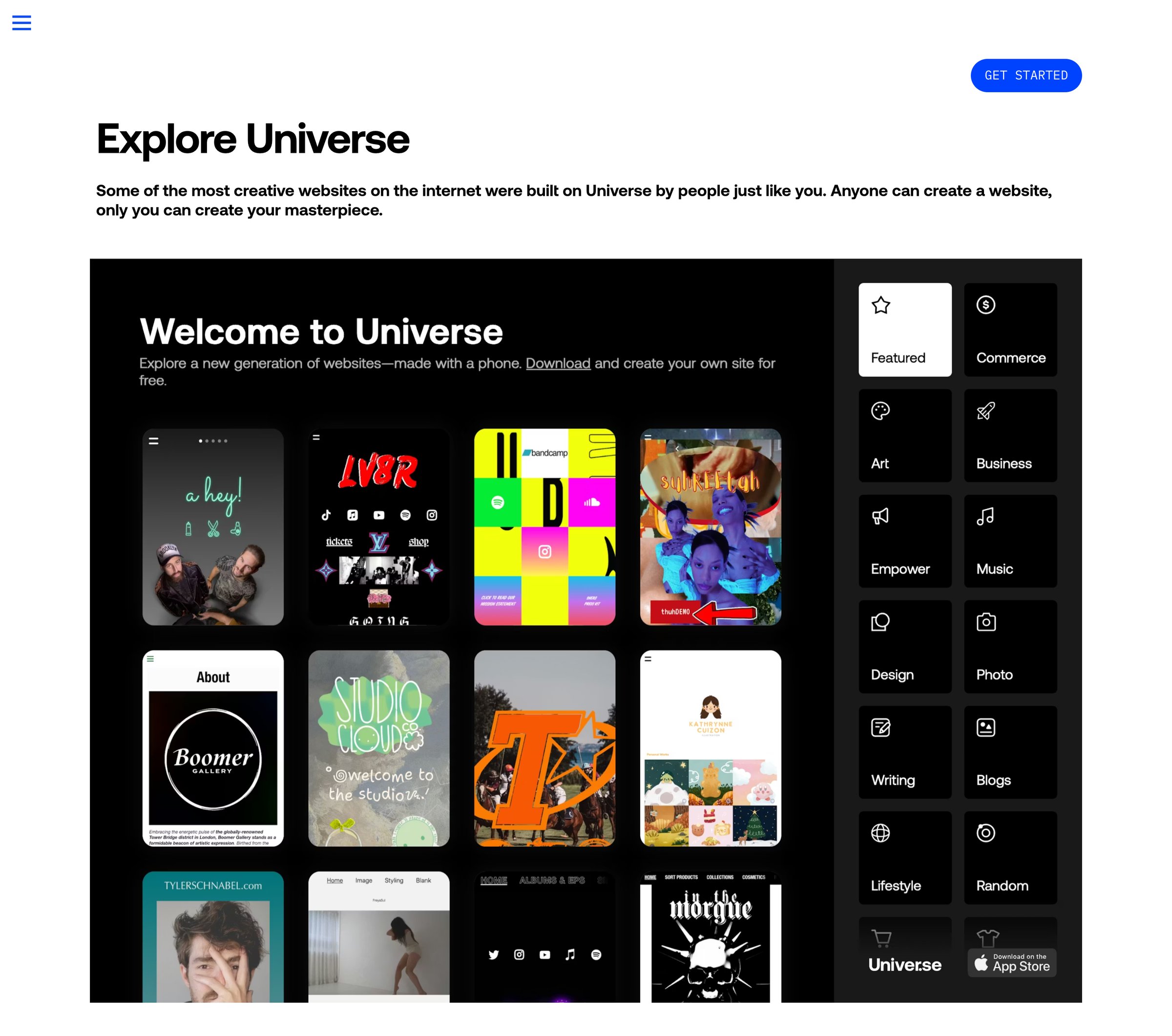 Universe - Sites Made on Universe - Universe Website Builder Design Custom Sites with No Code screen
