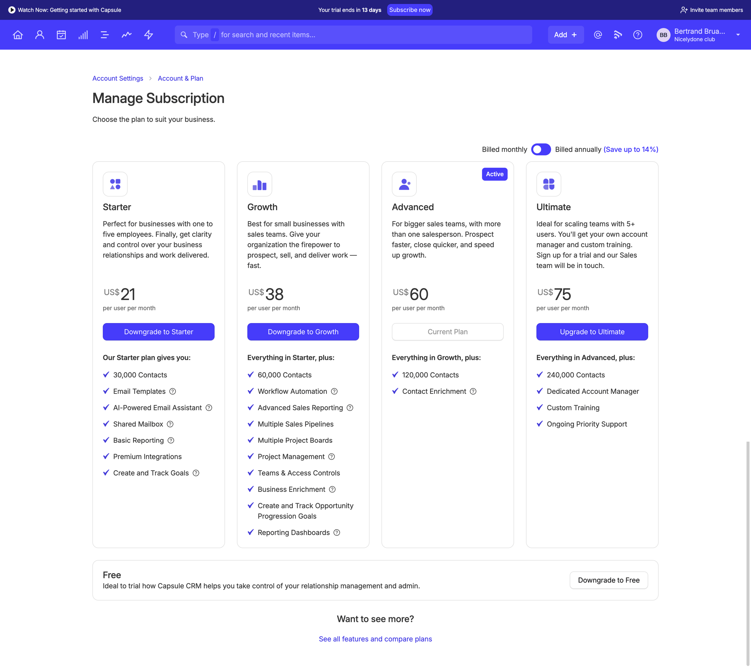 Capsule - Manage Subscription | Nicelydone club CRM screen