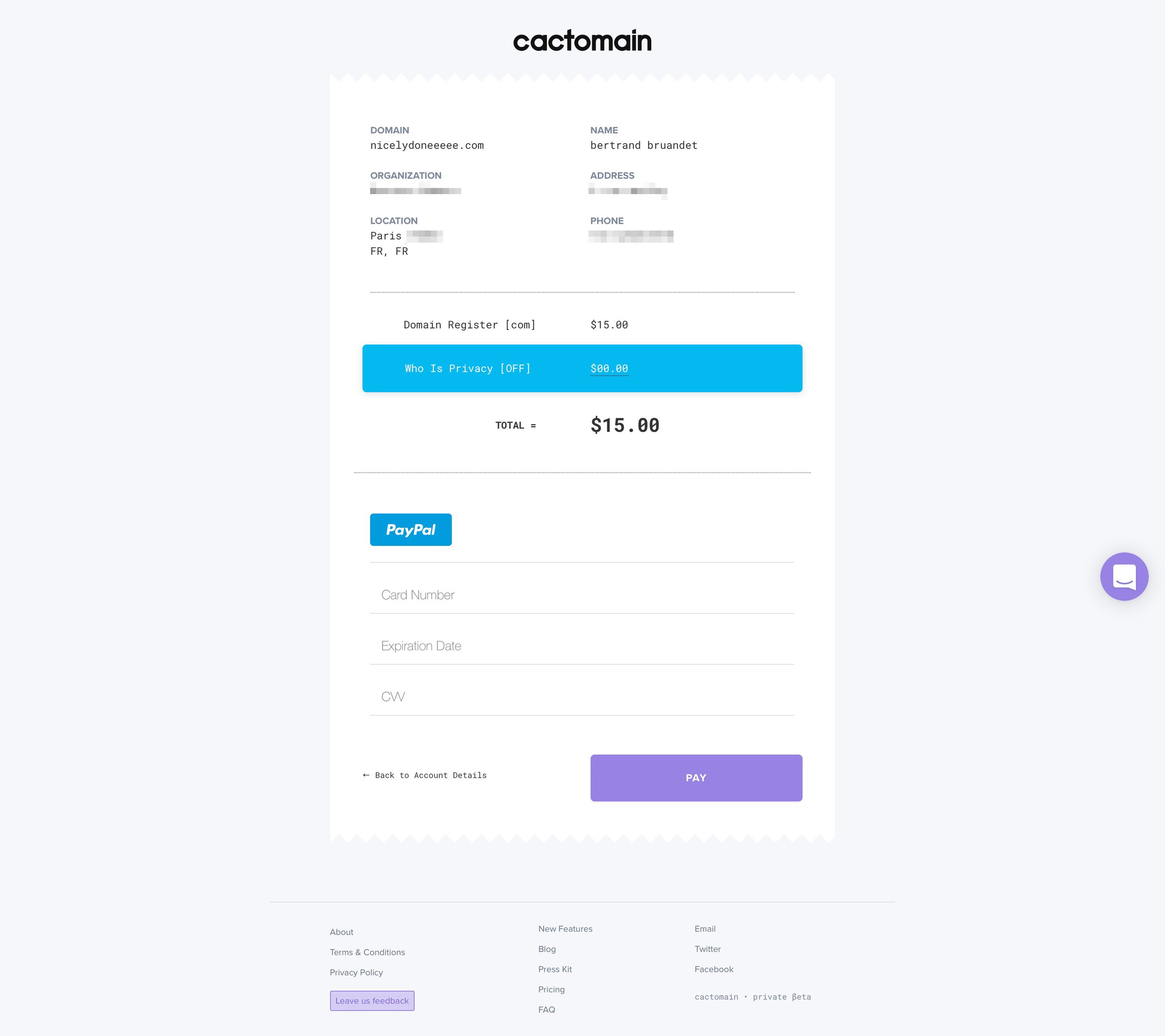 Cactomain - Checkout screen