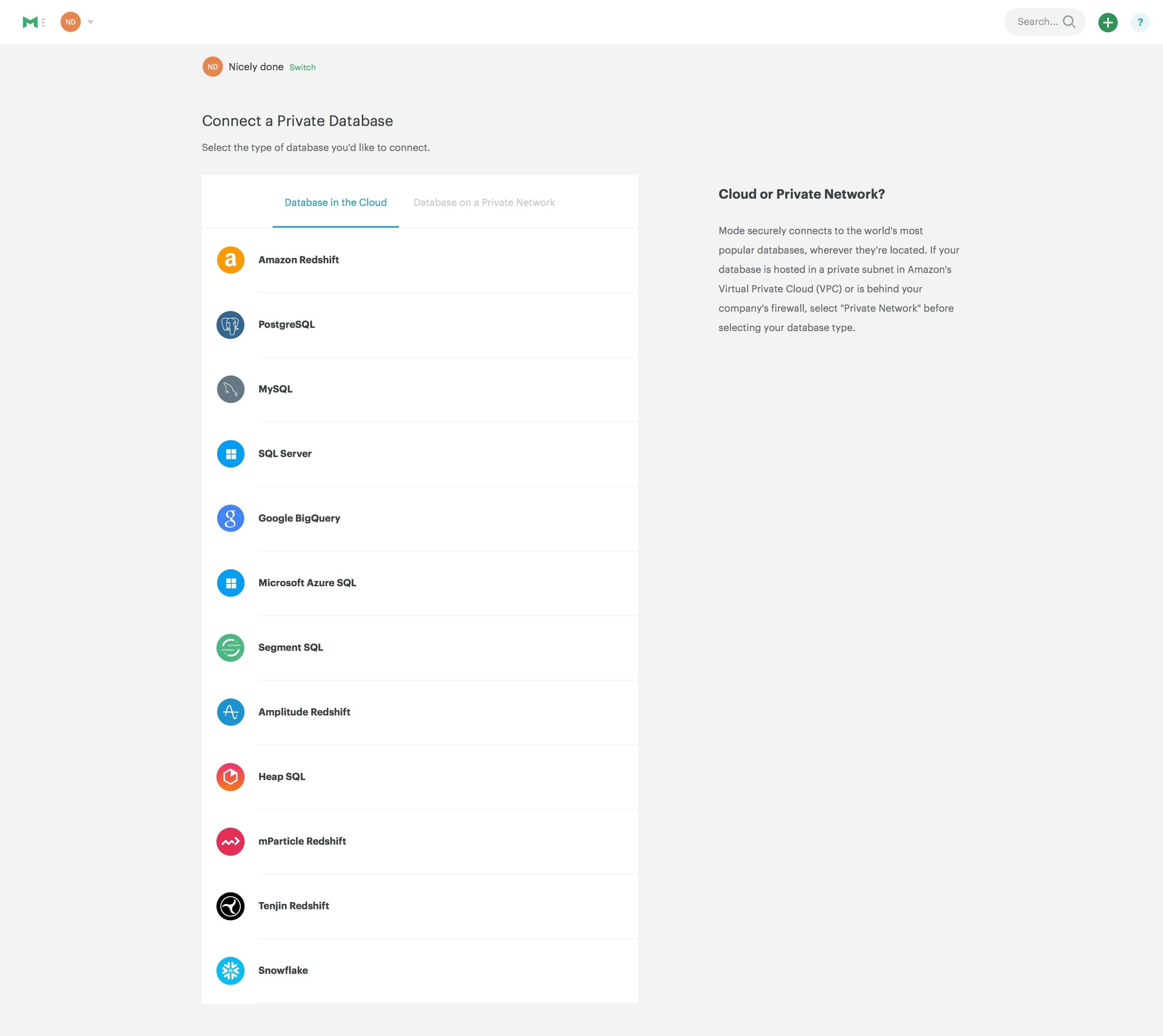 Mode - Integrations screen