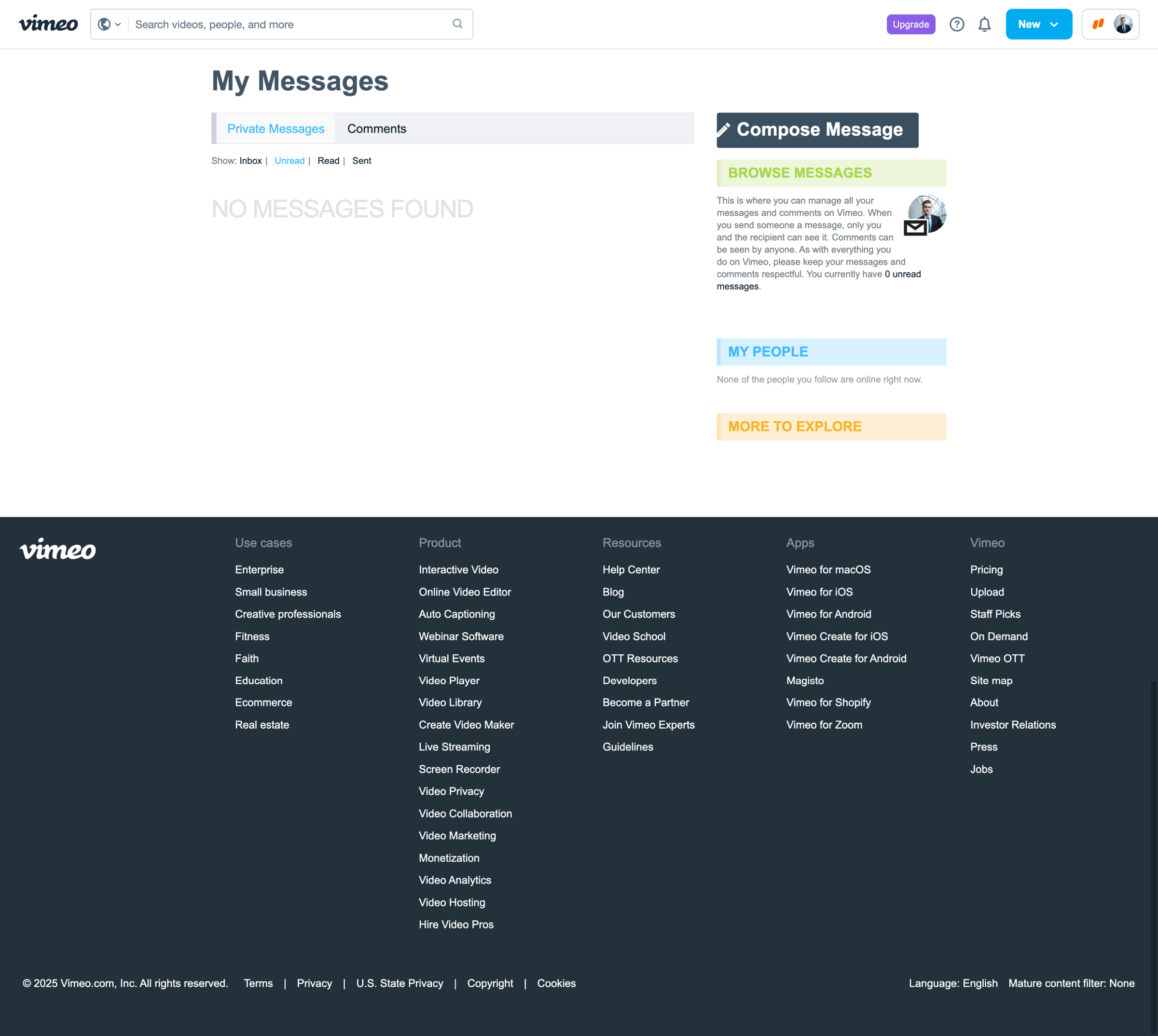 Vimeo - My Messages on Vimeo screen