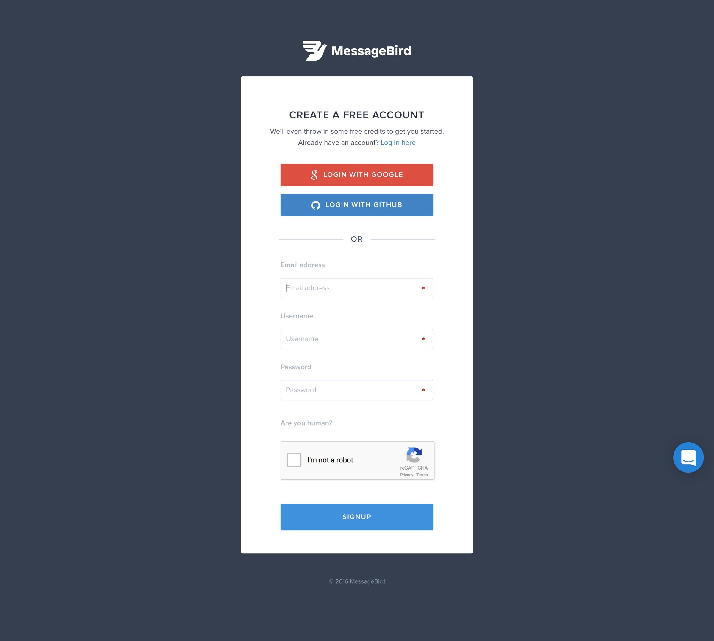 MessageBird - Sign up screen