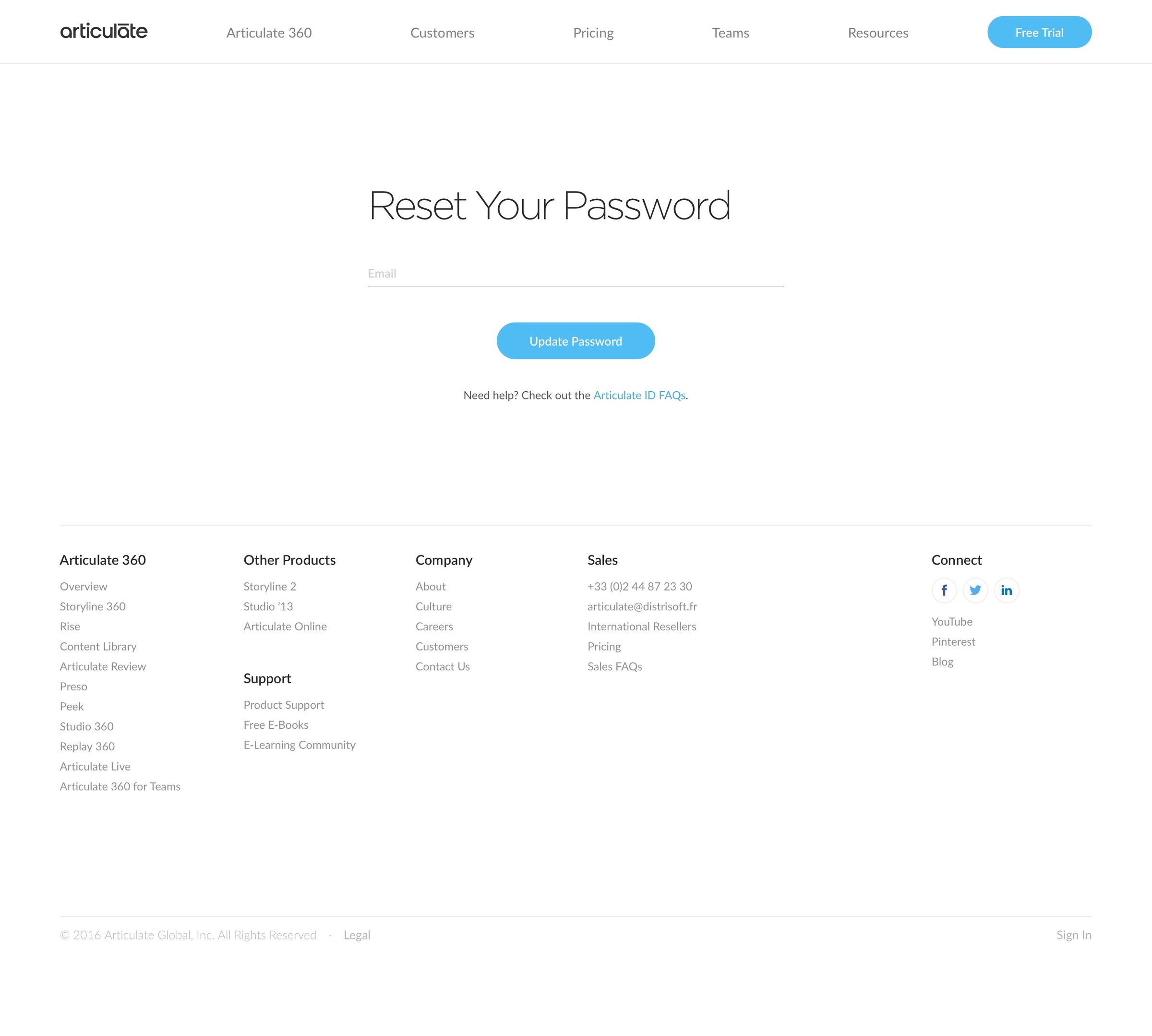 Articulate - Password reset screen