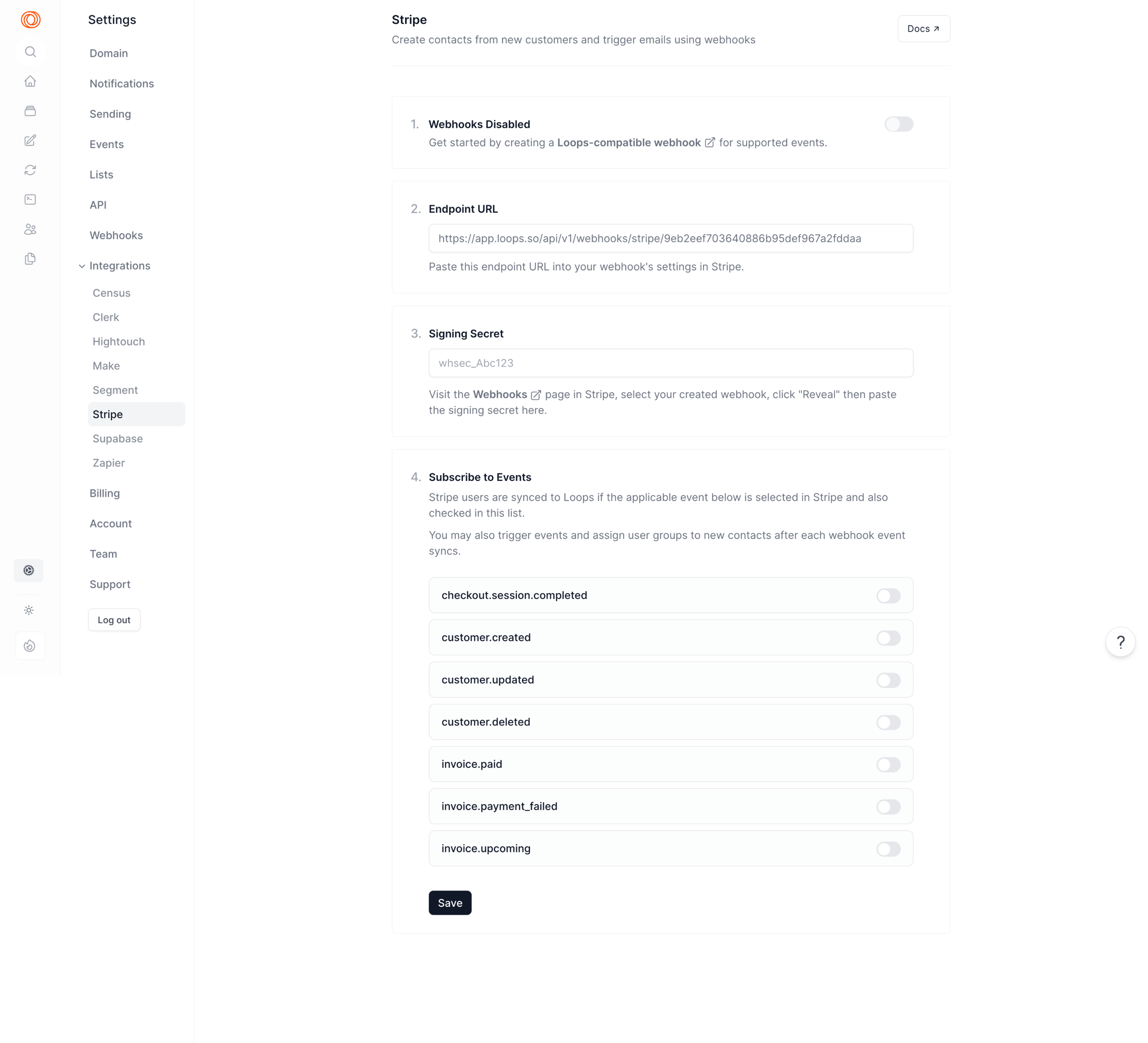 Loops - Settings | Stripe screen