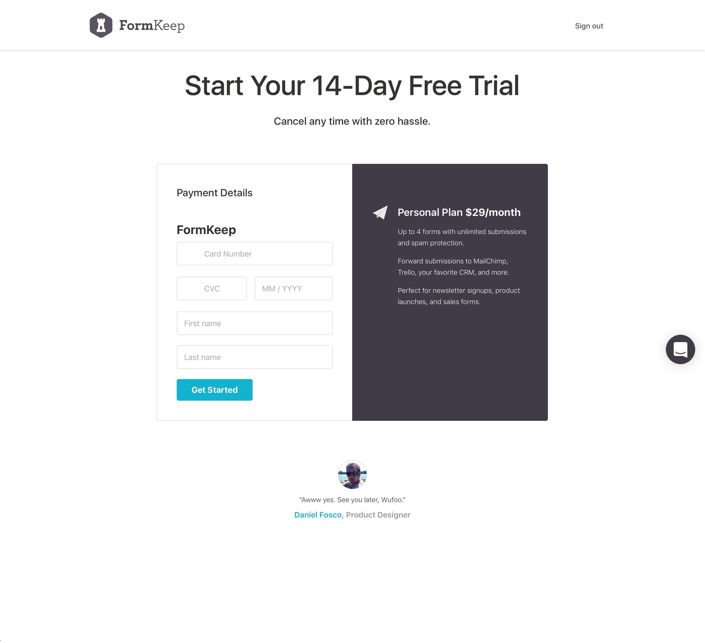 Formkeep - Checkout screen