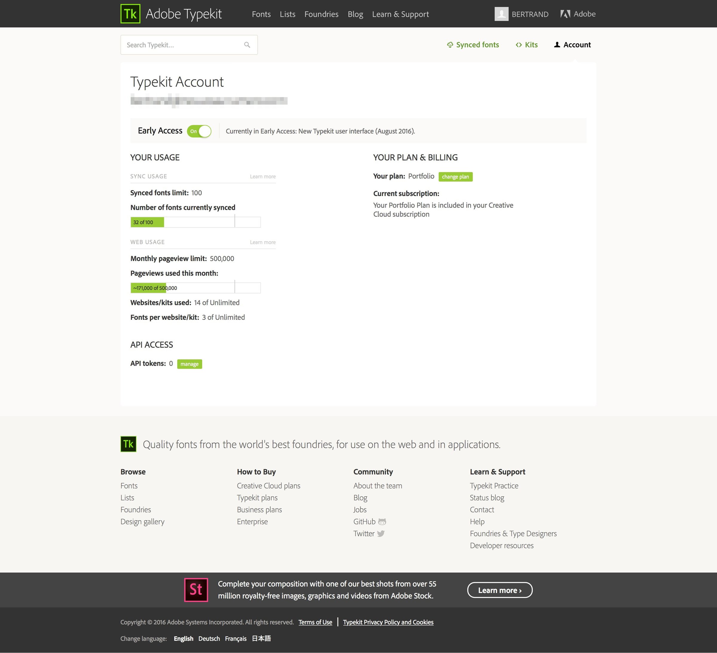 Typekit - Settings screen