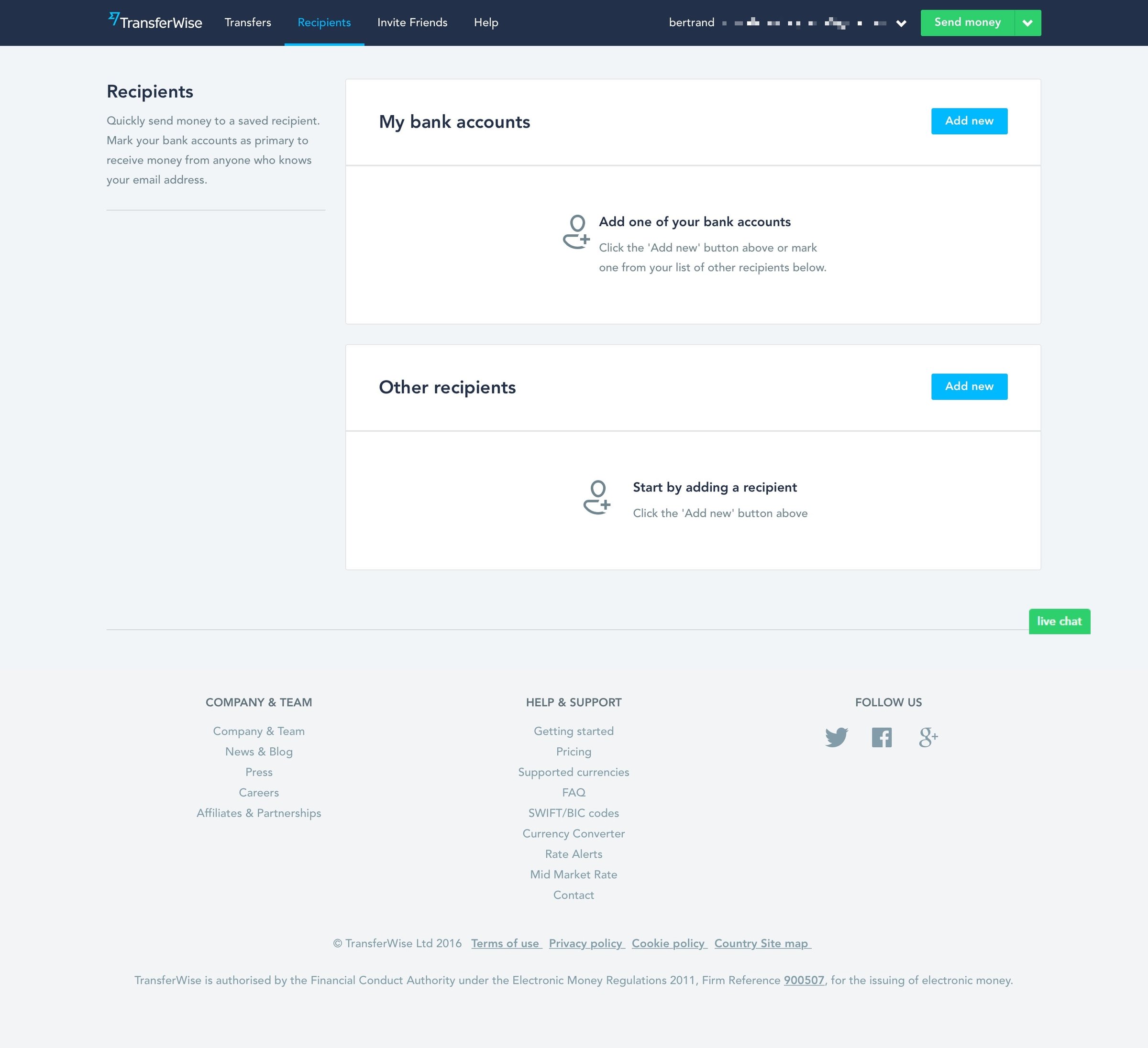TransferWise - Empty state screen