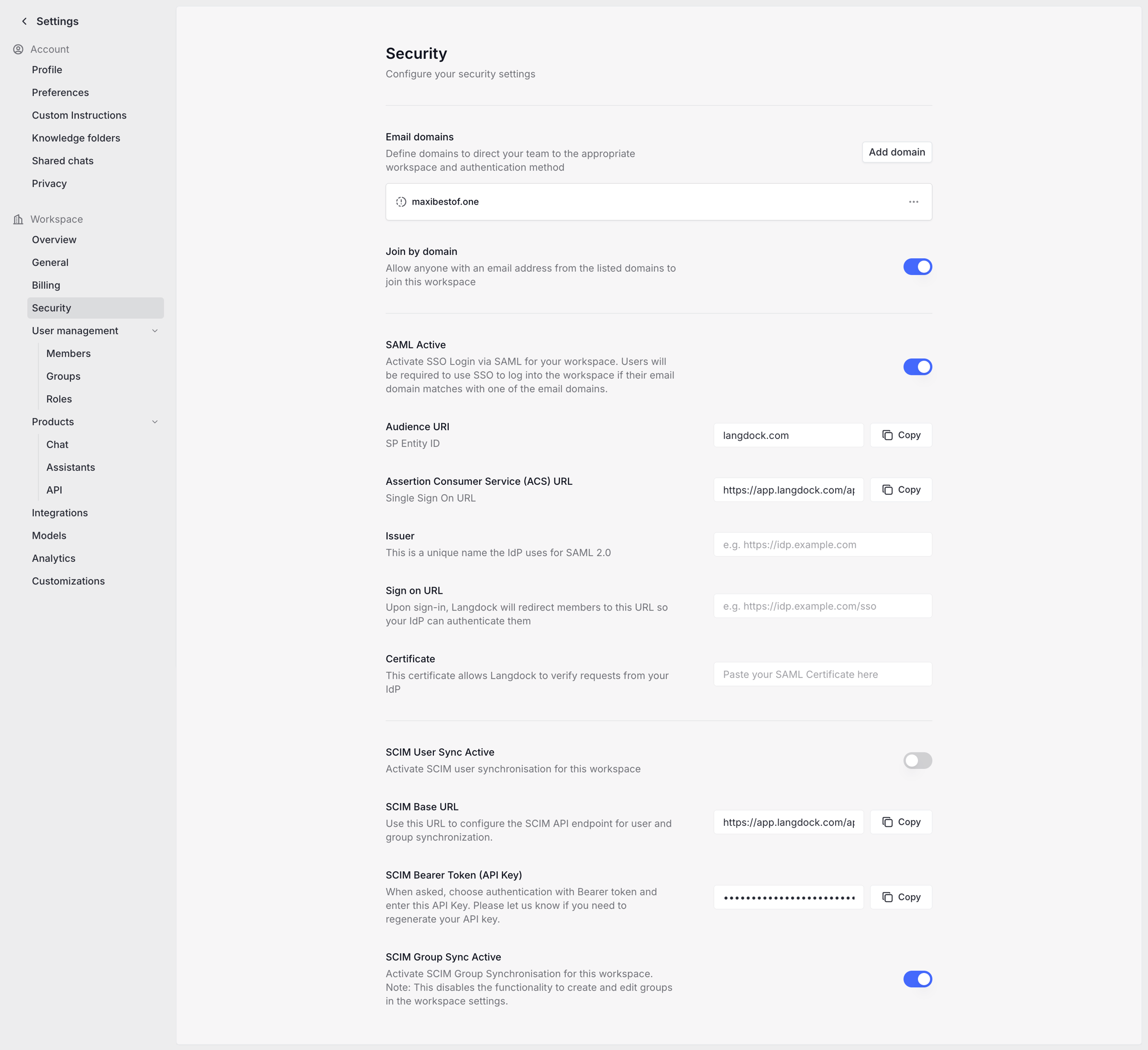 Langdock - Settings screen