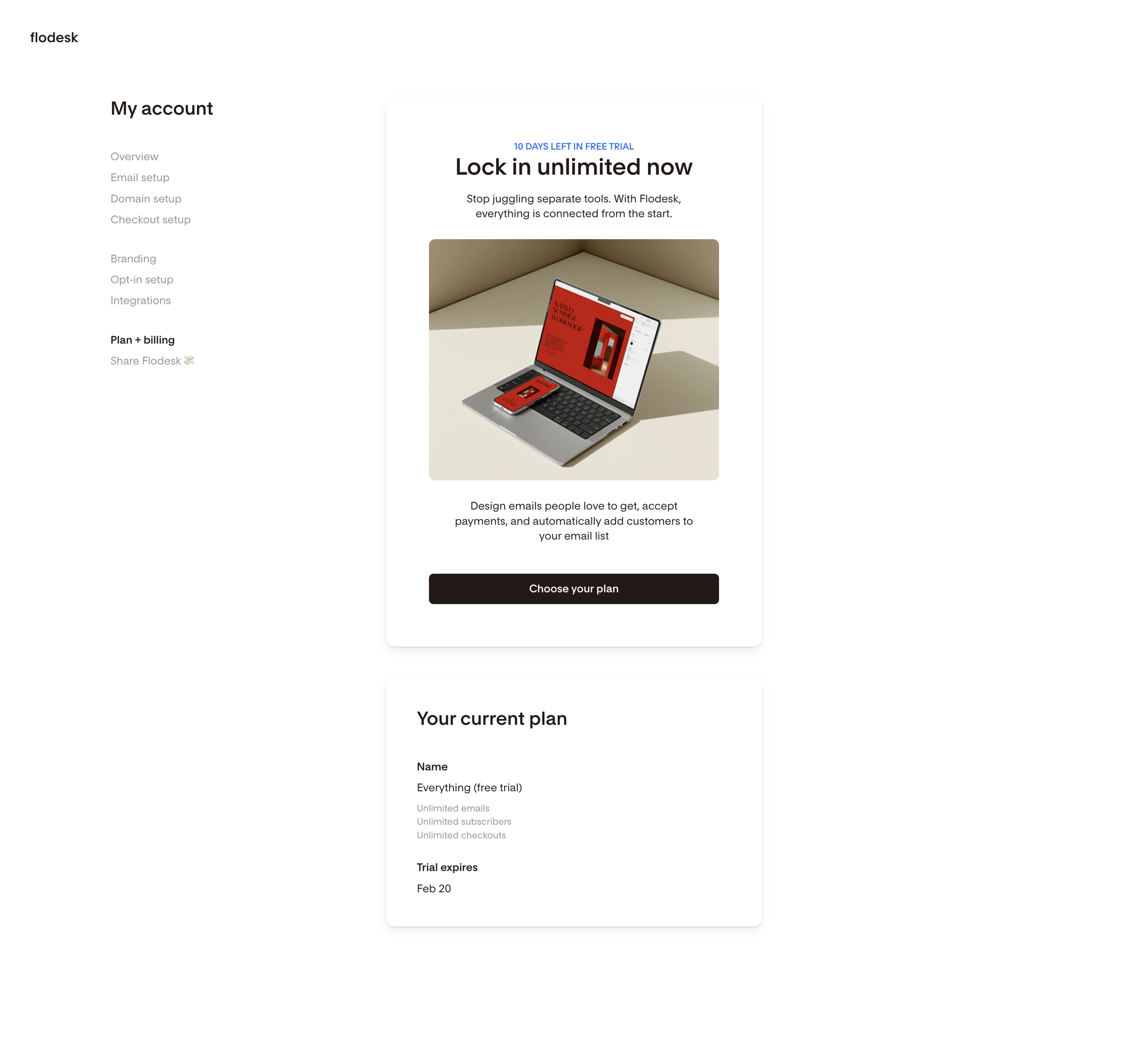 Flodesk - Plan + billing | Flodesk screen