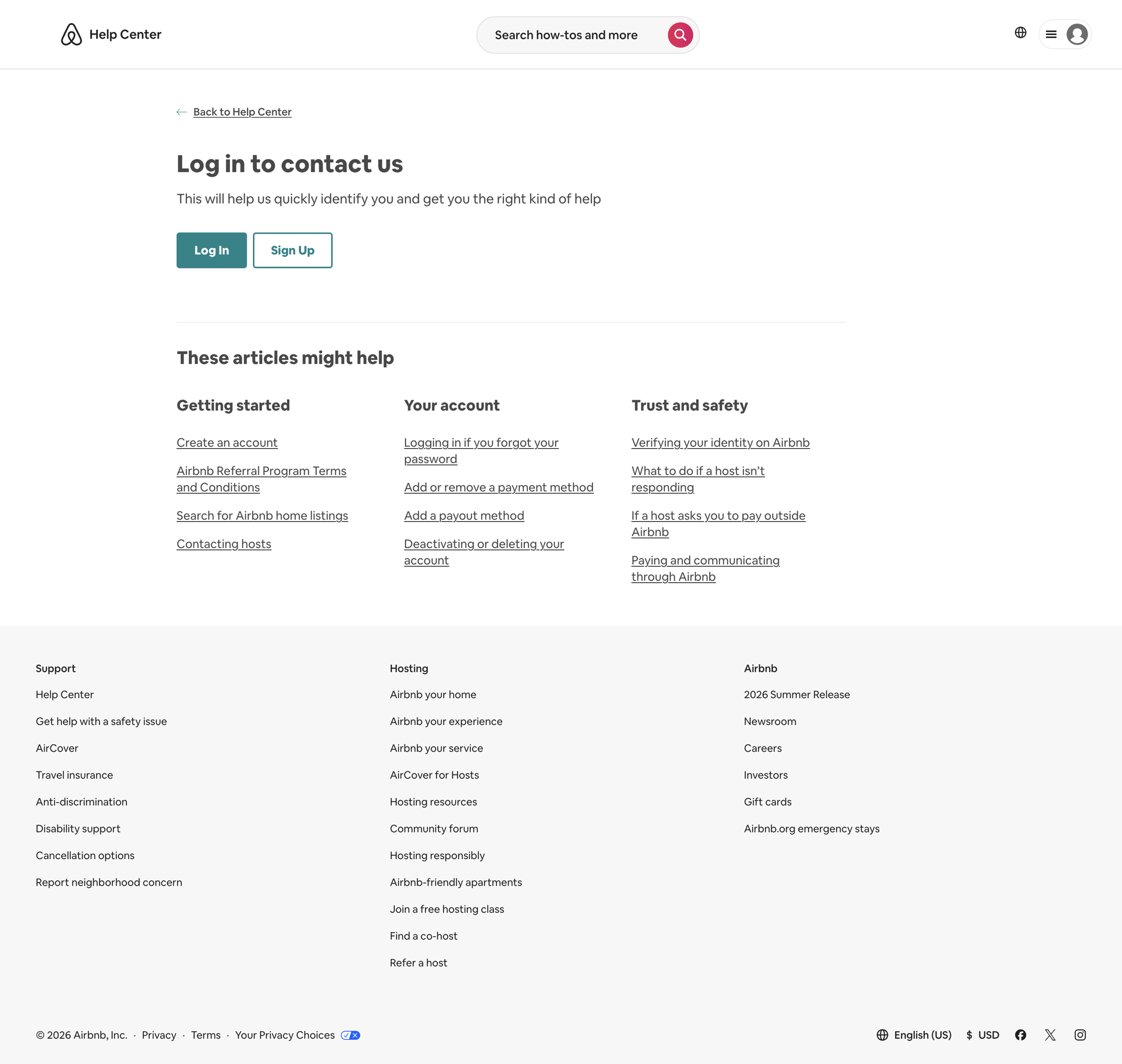 Airbnb - Contact us screen
