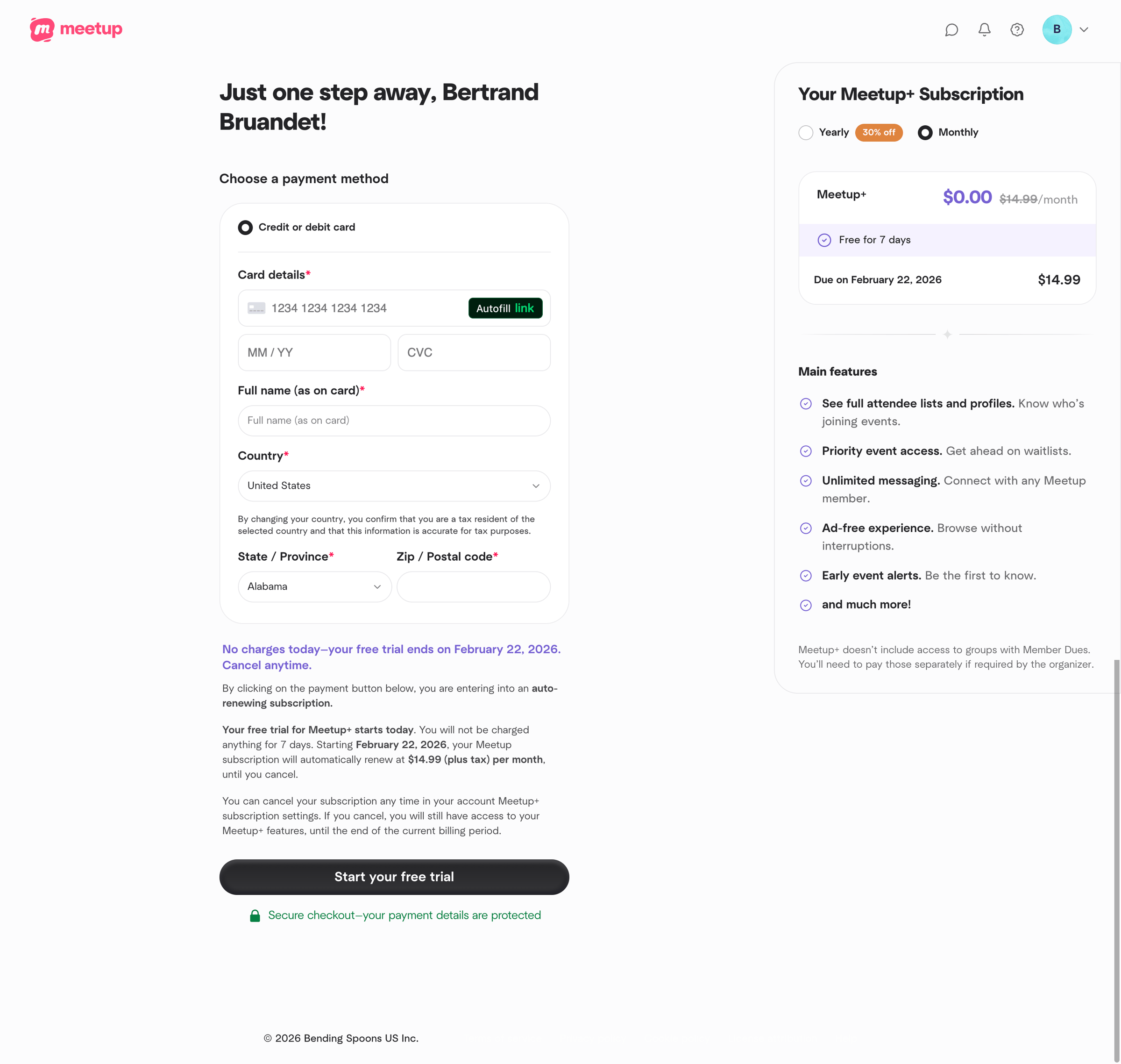 Meetup - Meetup Plus Checkout screen