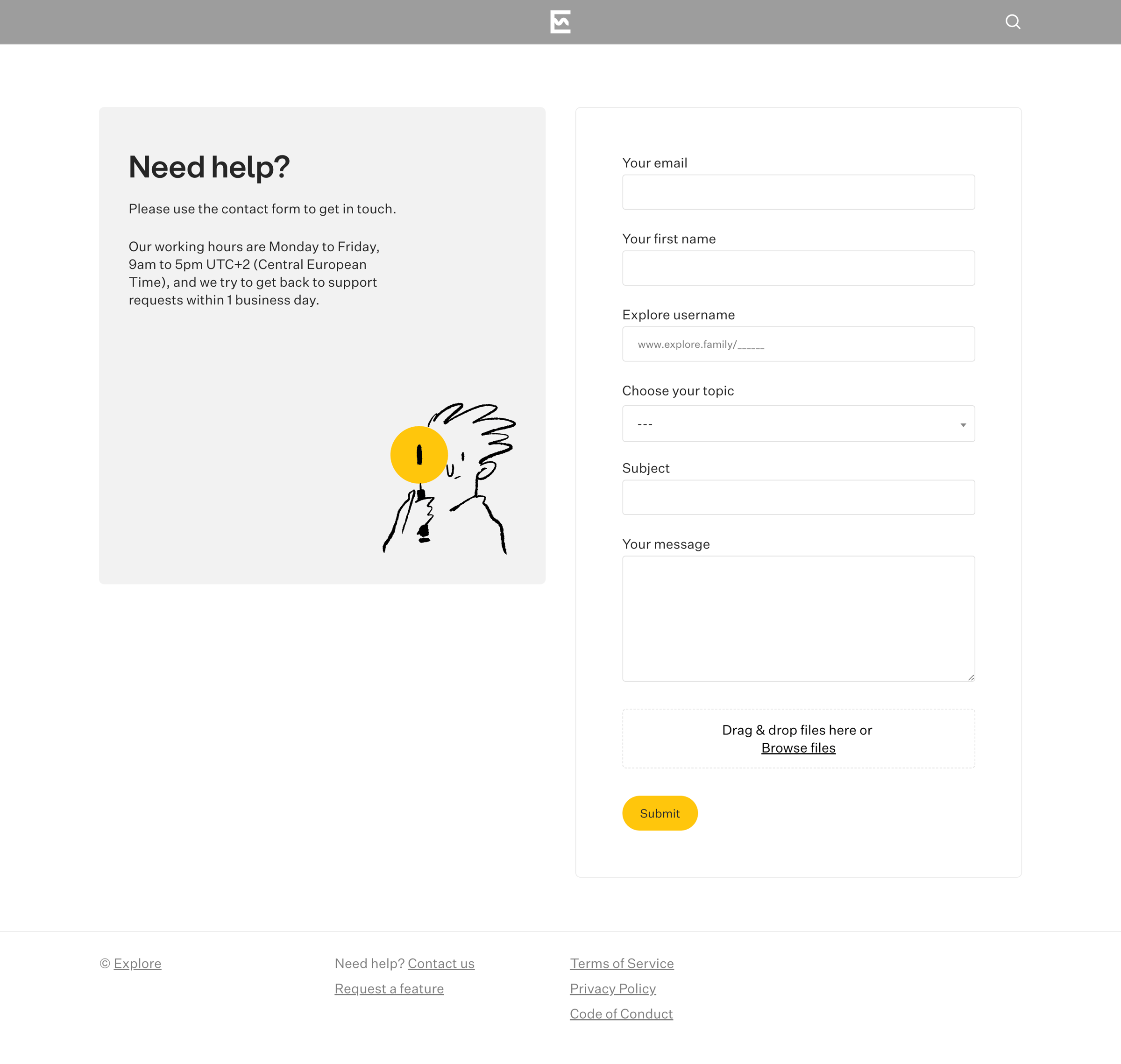 Explore - Contact us – Help Center – Explore screen