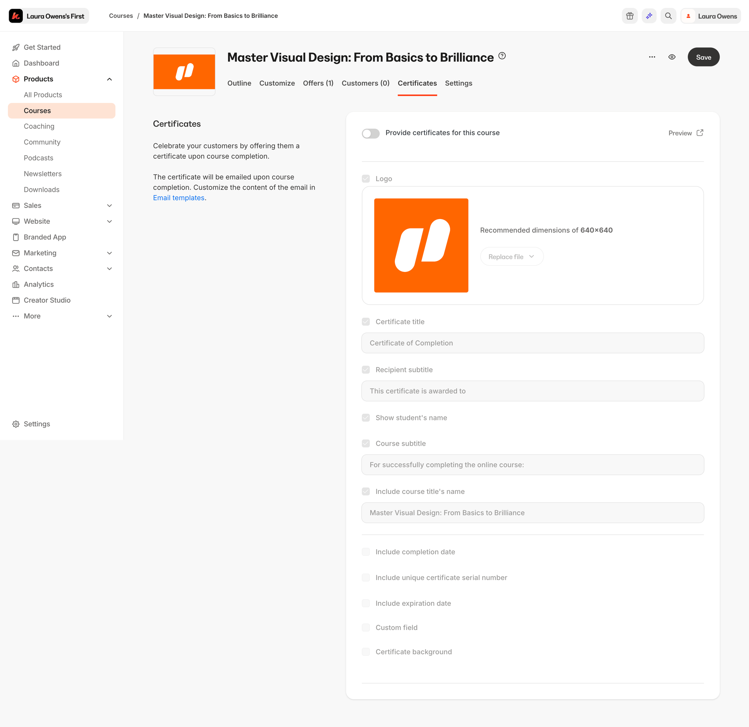 Kajabi - Kajabi - adminproducts2148861948certificate_templateedit screen