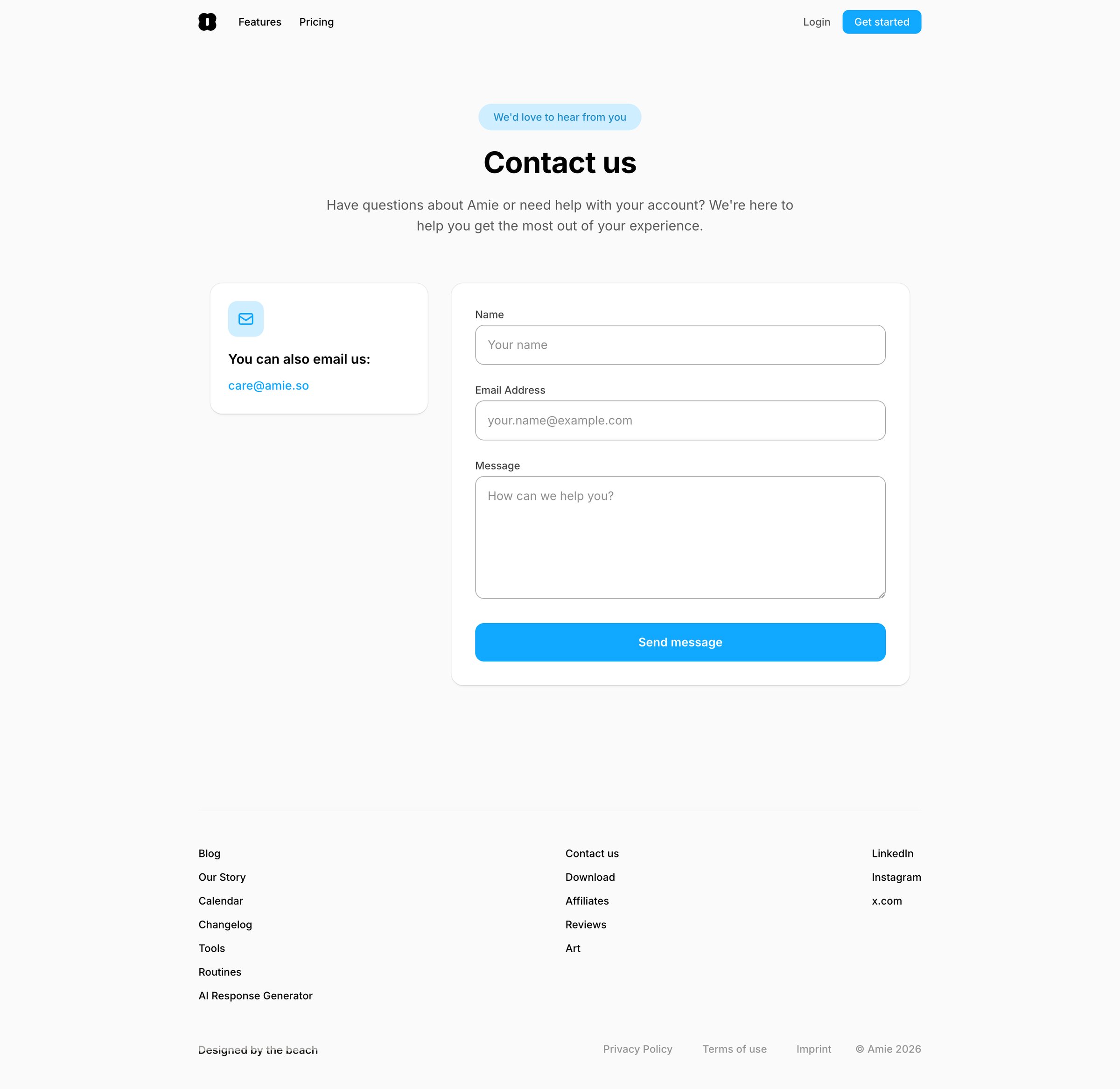 Amie - Contact us Amie screen