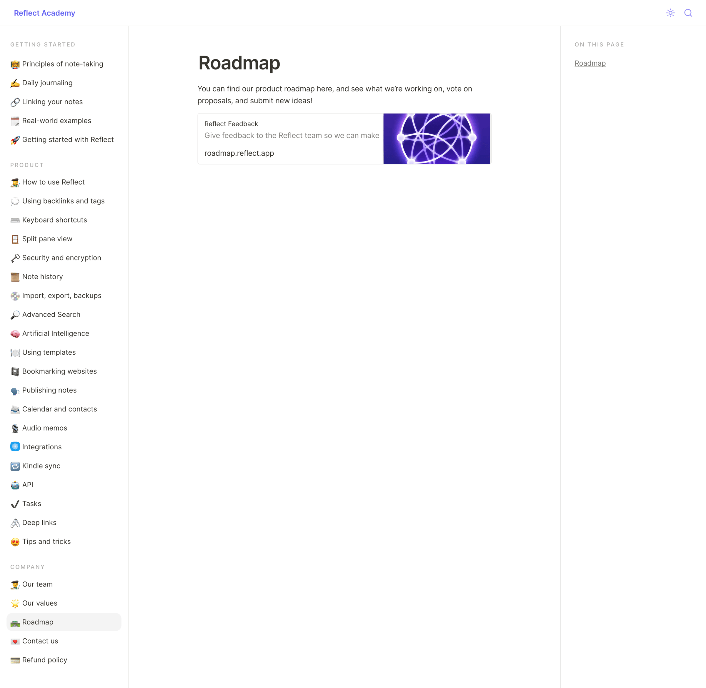 Reflect - Roadmap screen