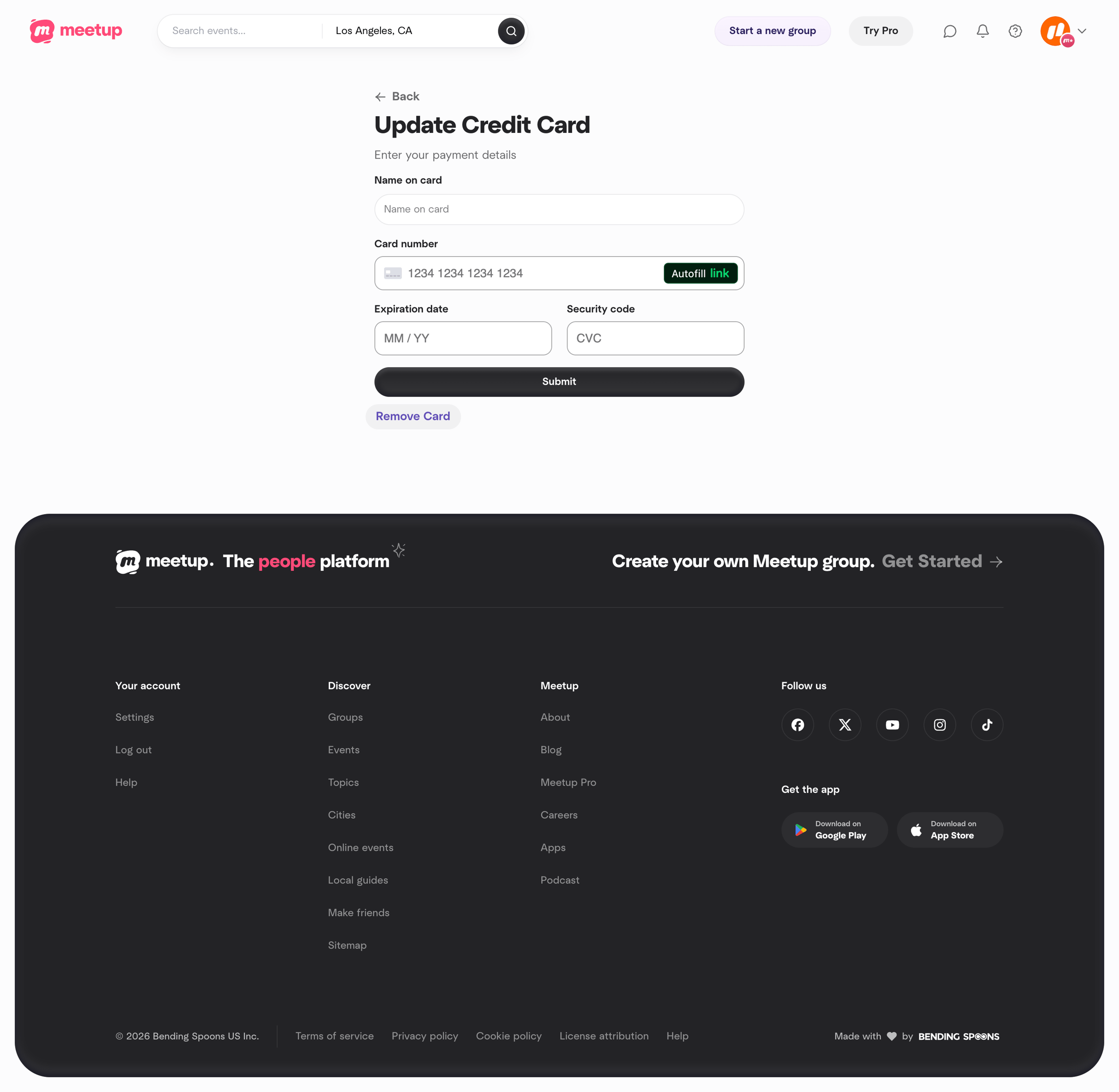 Meetup - Update Credit Card screen