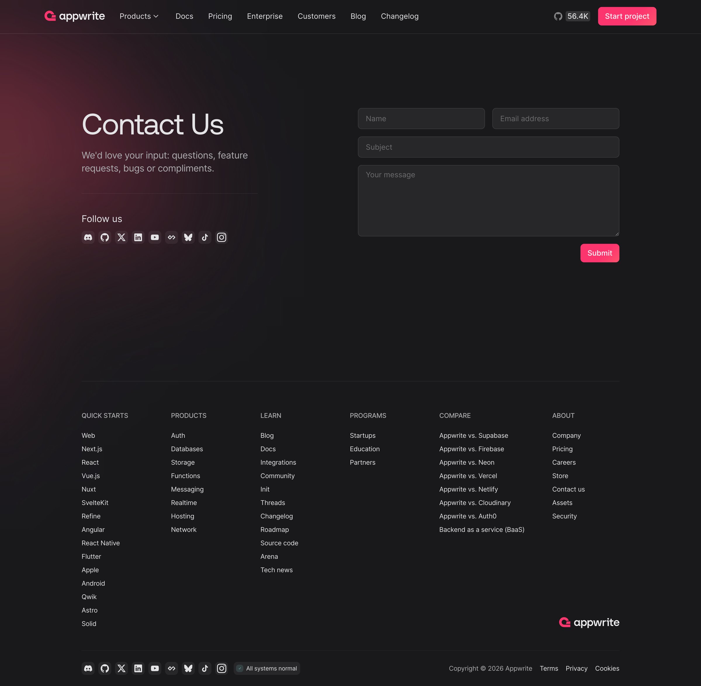 Appwrite - Contact us - Appwrite screen