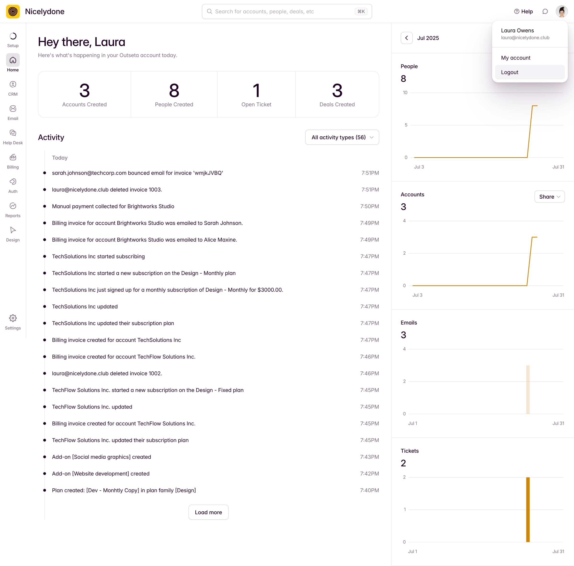 Outseta - Dashboard screen