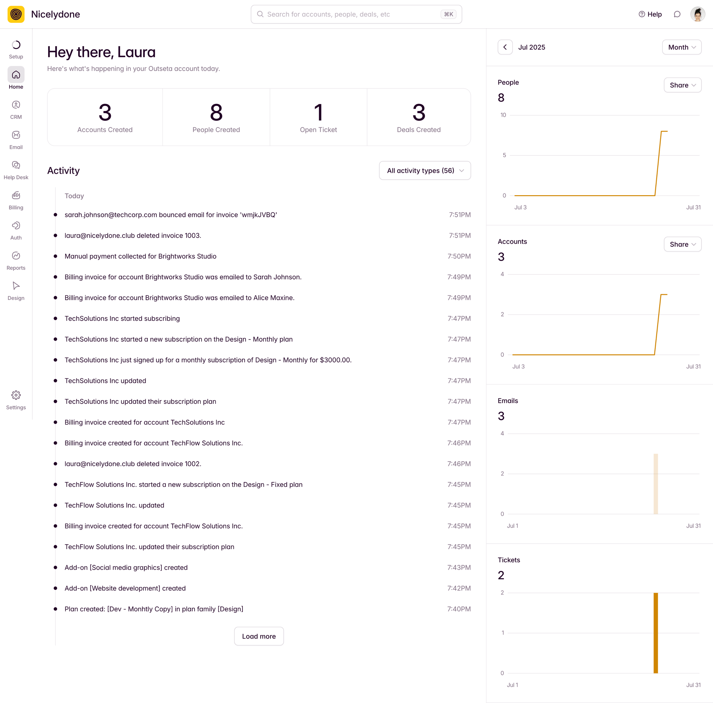 Outseta - Dashboard screen