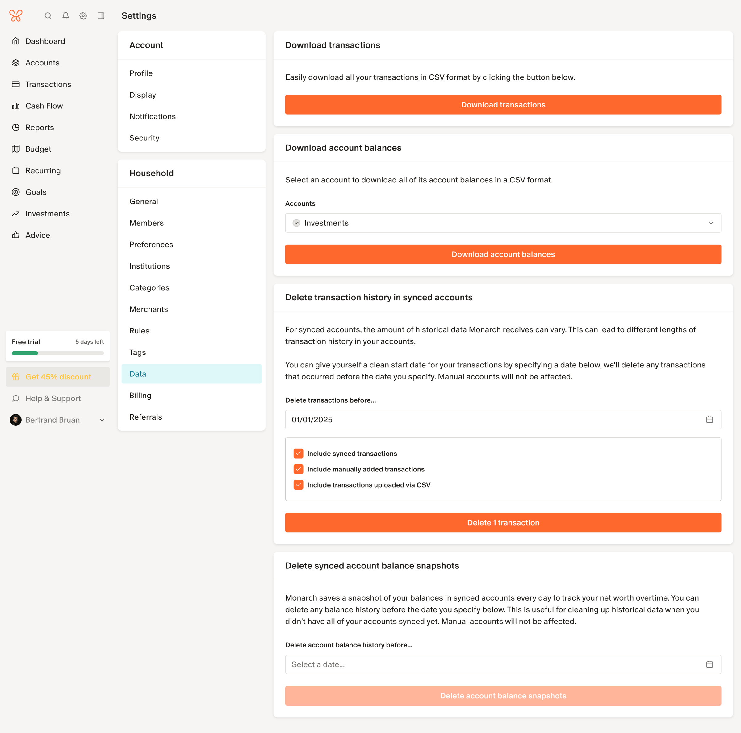 Monarch - Delete transaction history in synced accounts screen
