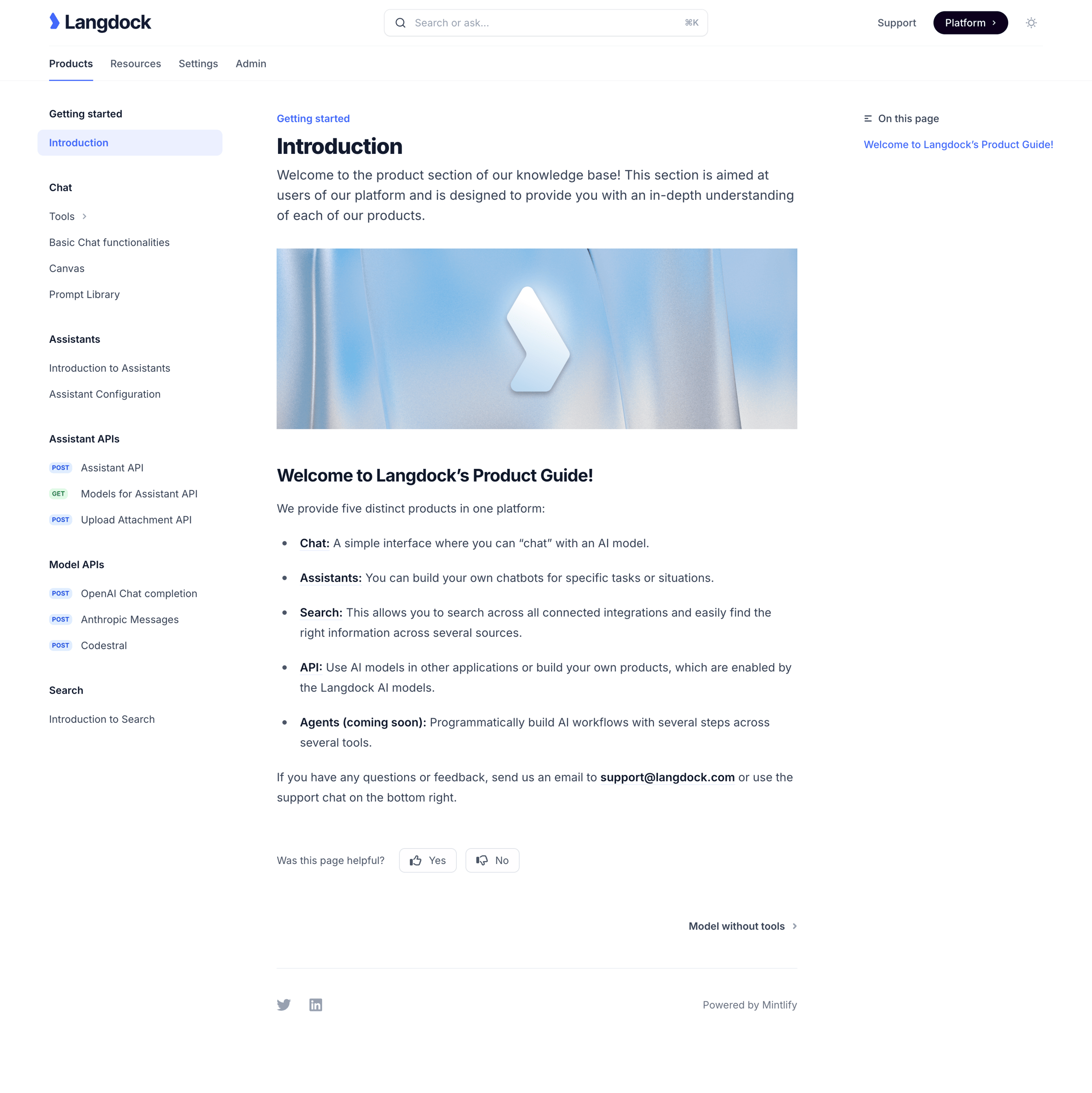 Langdock - Introduction - Documentation screen