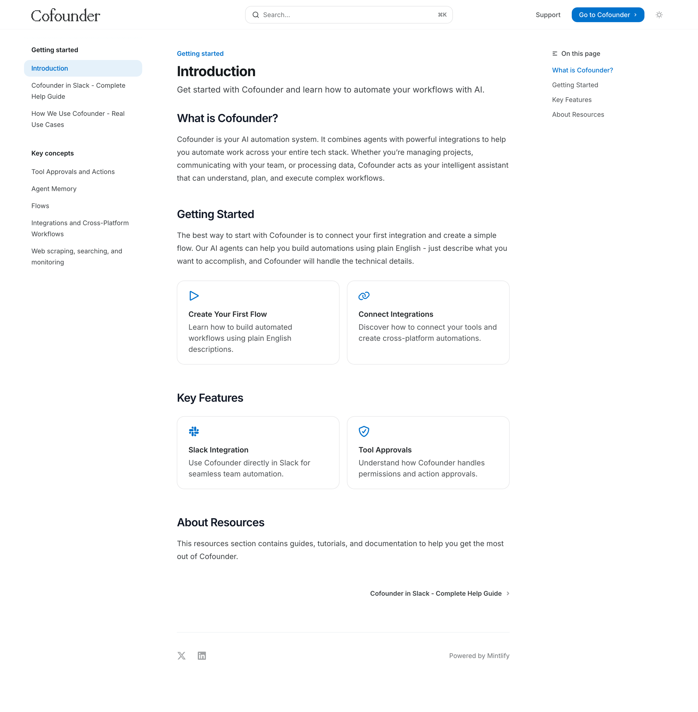 Cofounder - Introduction - Documentation screen