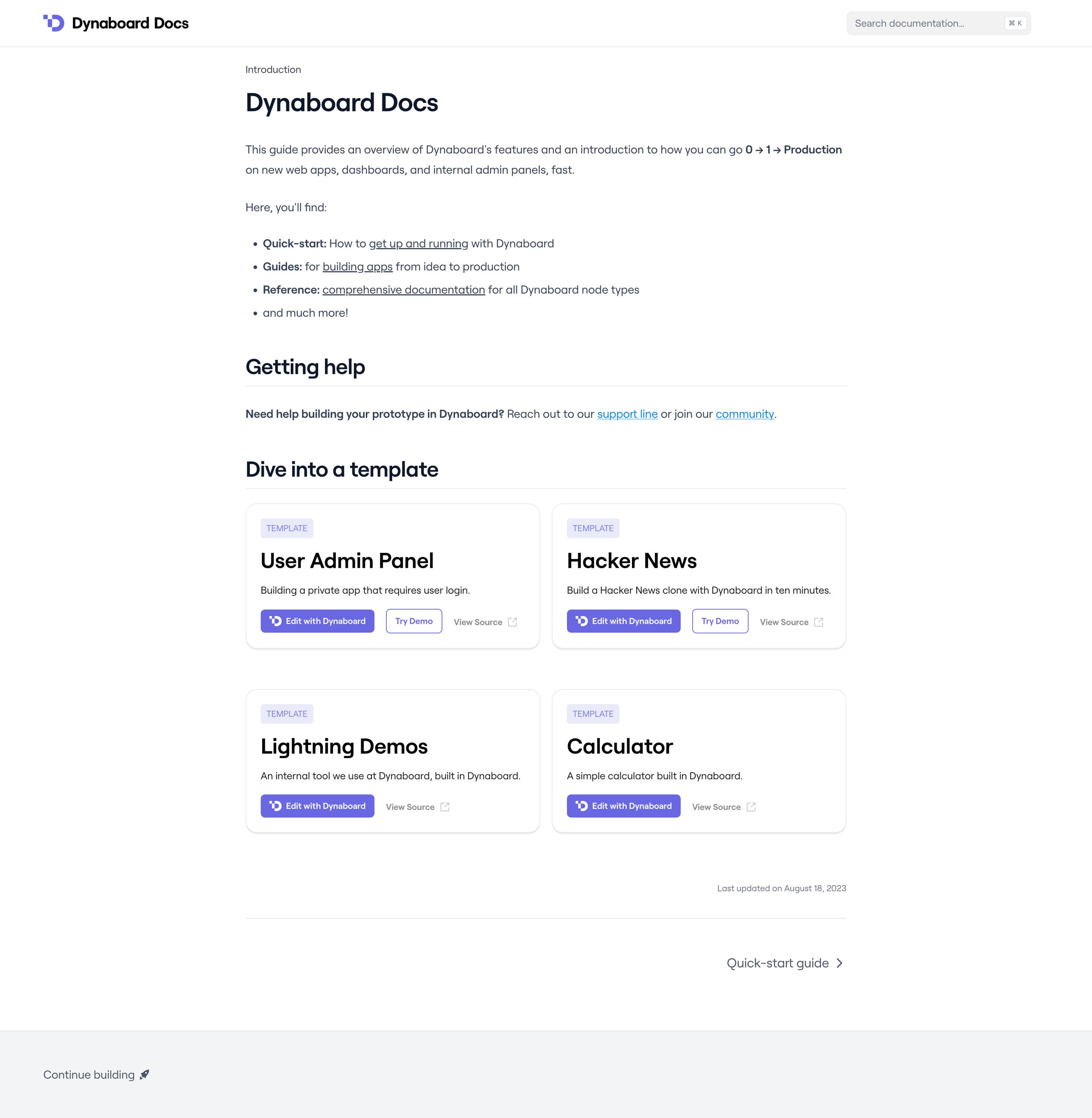 Dynaboard - Dynaboard Docs screen