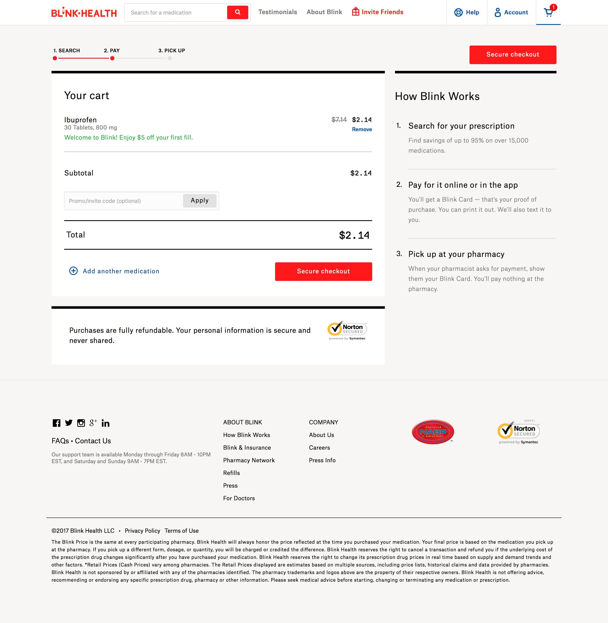 Blink Health - Shopping cart screen